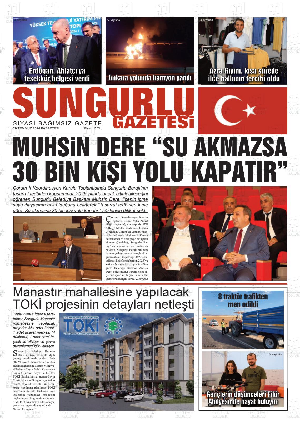 29 Temmuz 2024 Sungurlu Gazete Manşeti