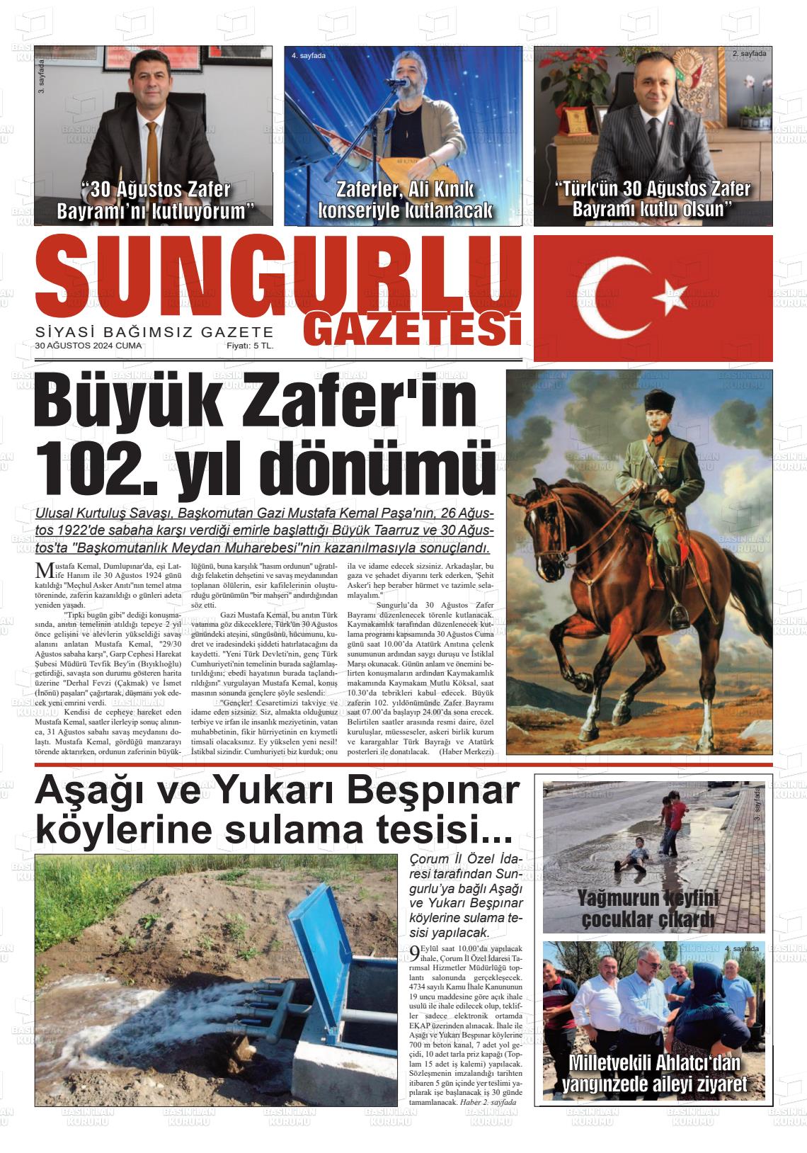 30 Ağustos 2024 Sungurlu Gazete Manşeti