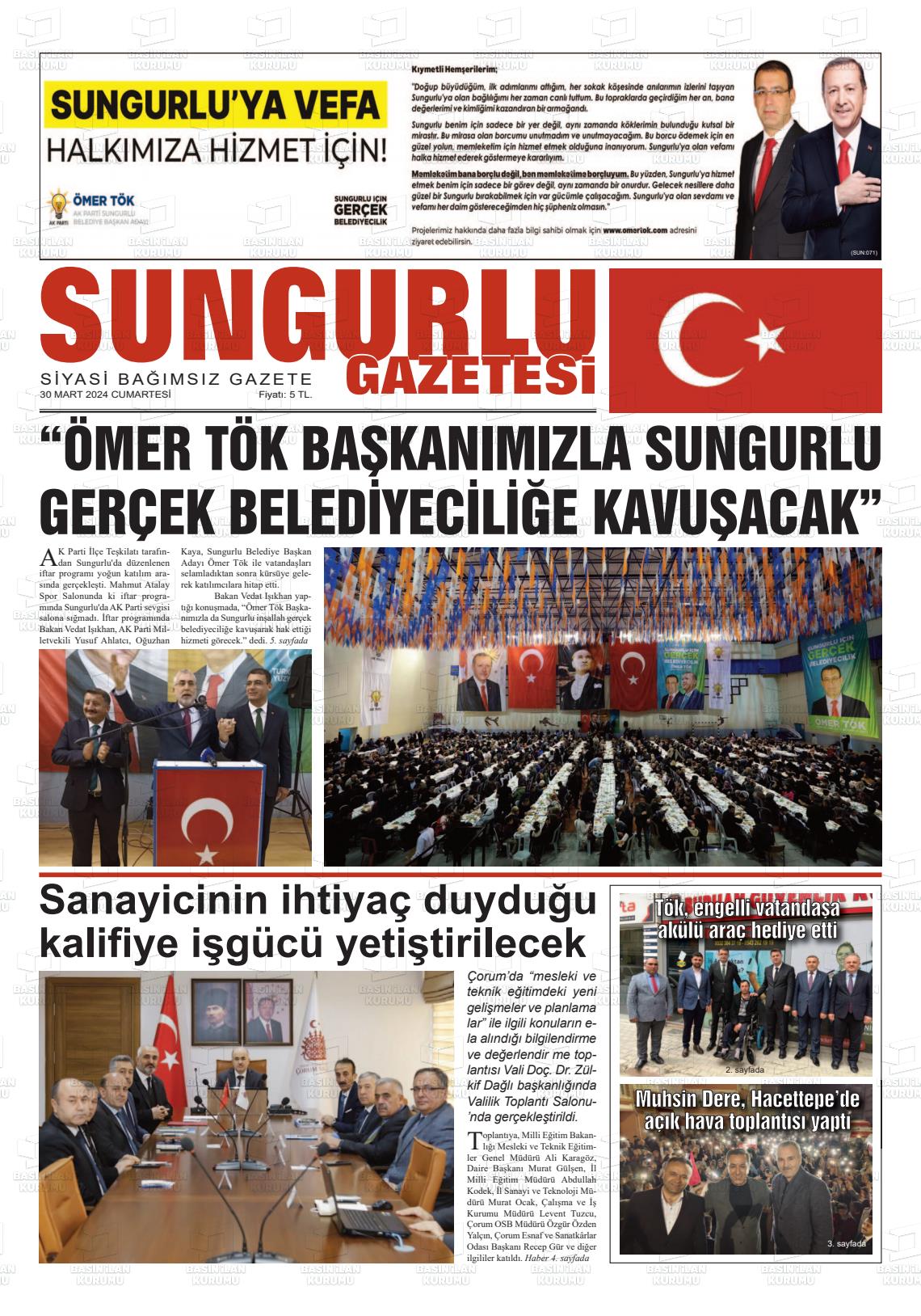 30 Mart 2024 Sungurlu Gazete Manşeti