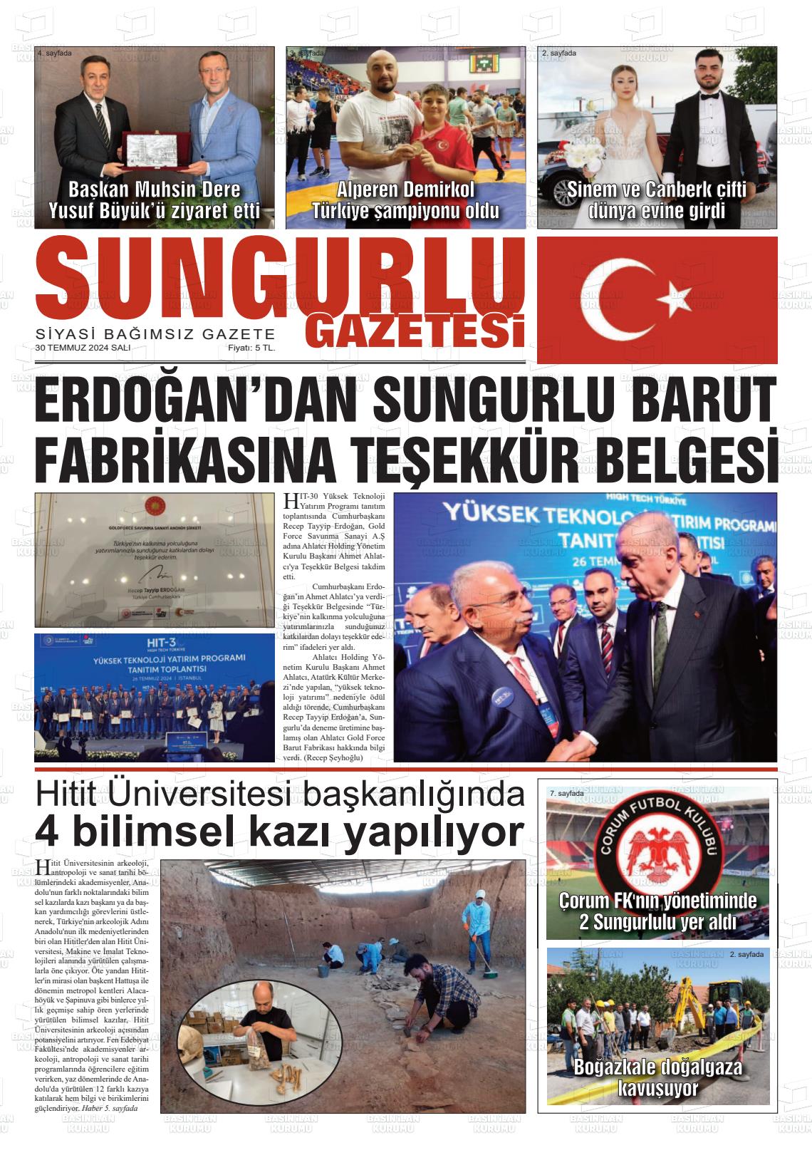 30 Temmuz 2024 Sungurlu Gazete Manşeti