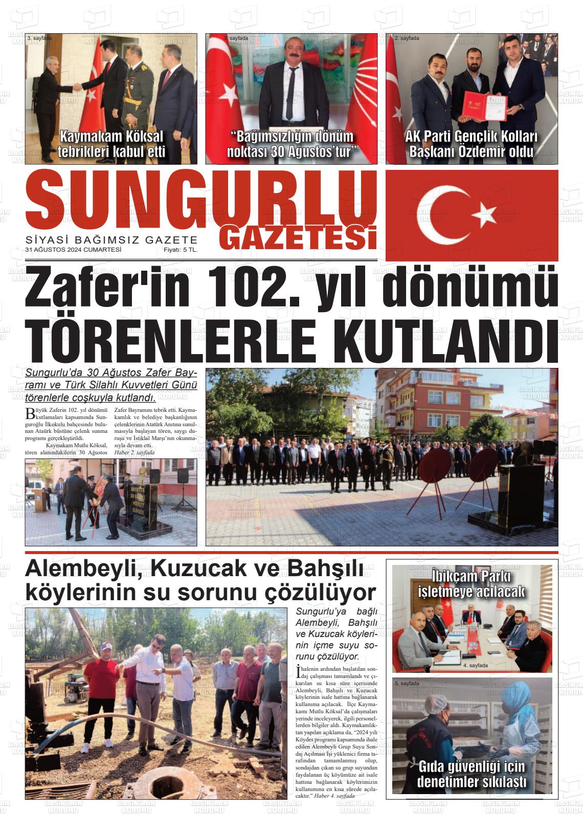 31 Ağustos 2024 Sungurlu Gazete Manşeti