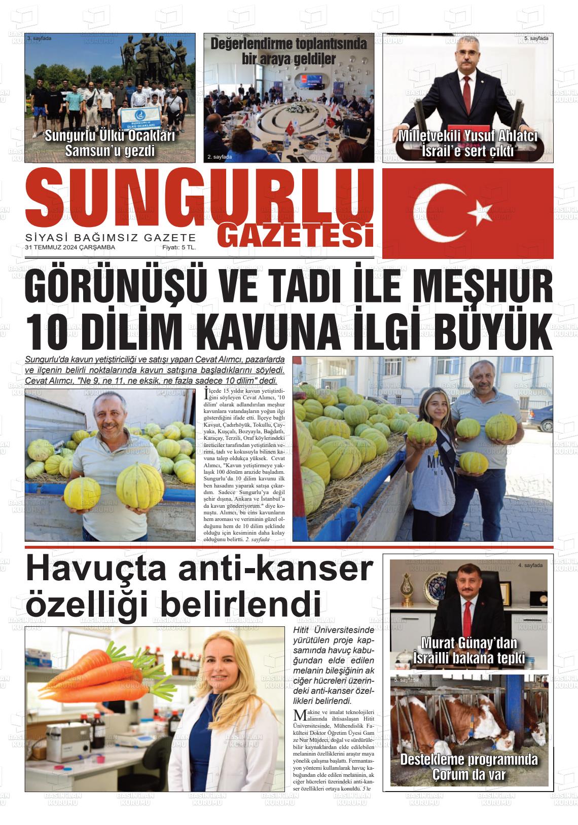 31 Temmuz 2024 Sungurlu Gazete Manşeti