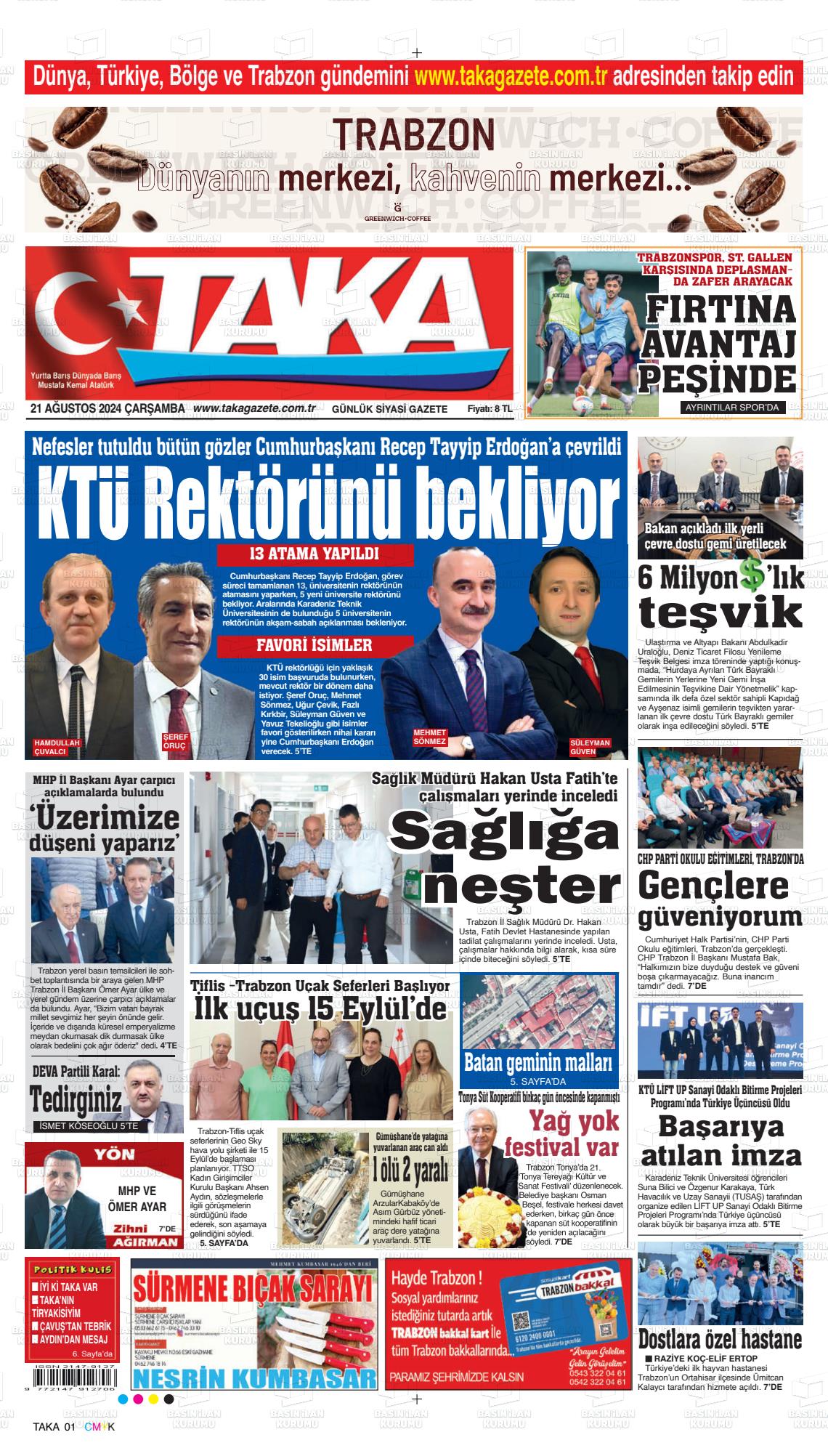 21 Ağustos 2024 Taka Gazete Manşeti