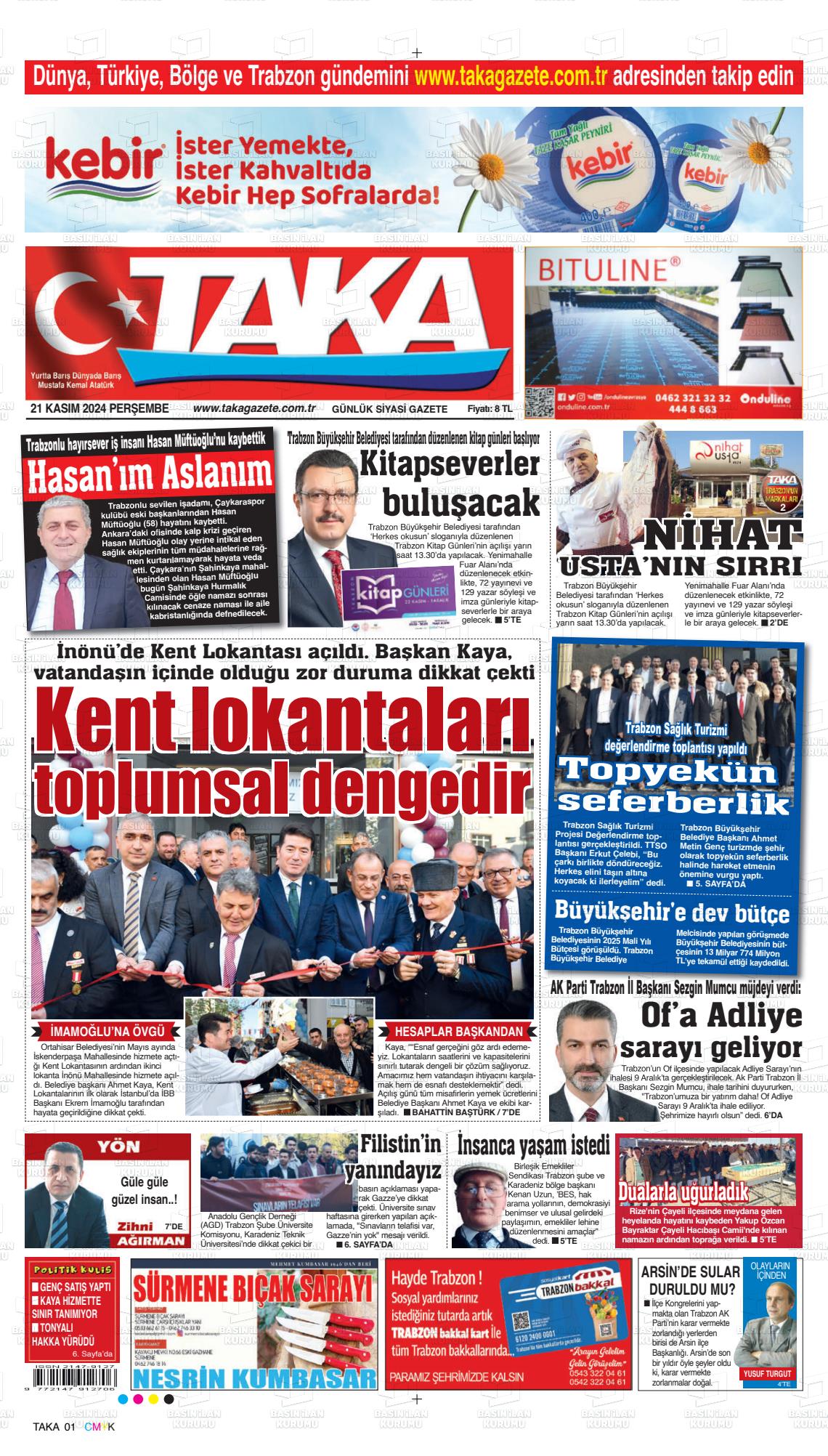 21 Kasım 2024 Taka Gazete Manşeti