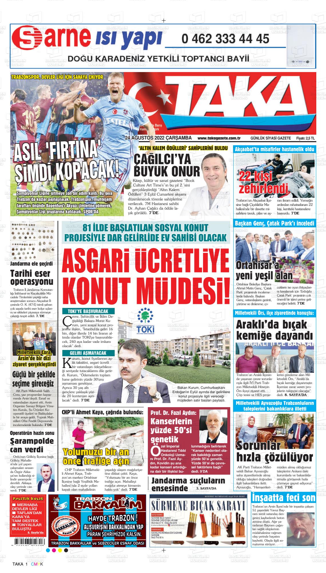 24 Ağustos 2022 Taka Gazete Manşeti