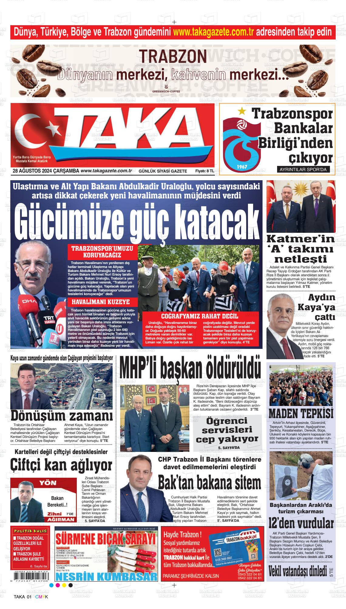 28 Ağustos 2024 Taka Gazete Manşeti