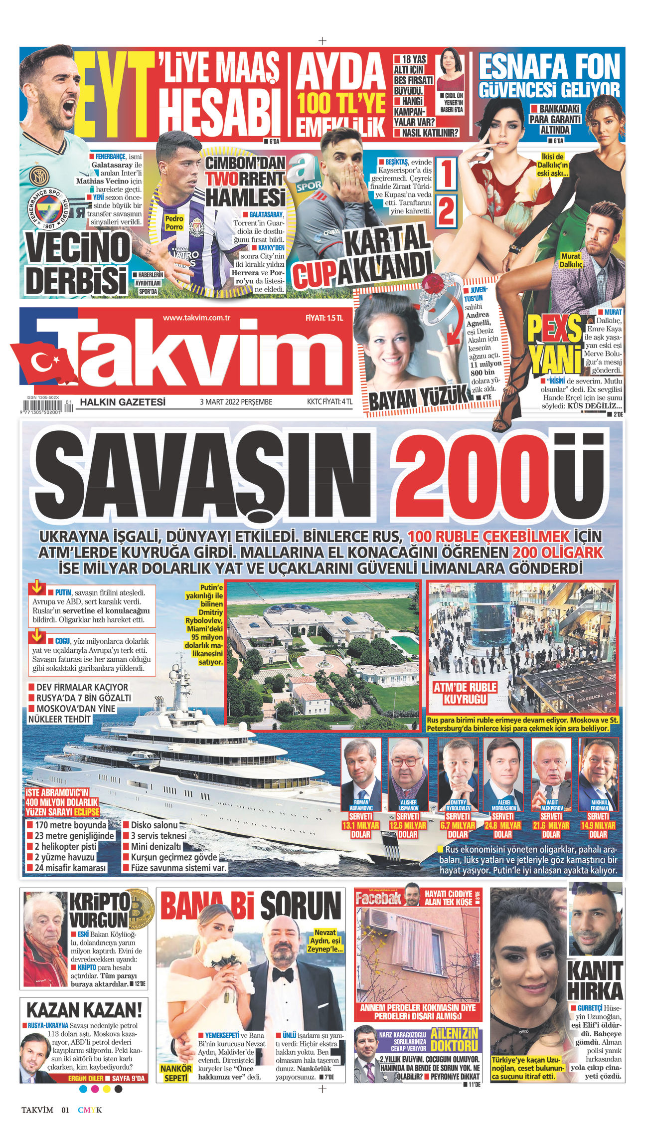 03 Mart 2022 Takvim Gazete Manşeti