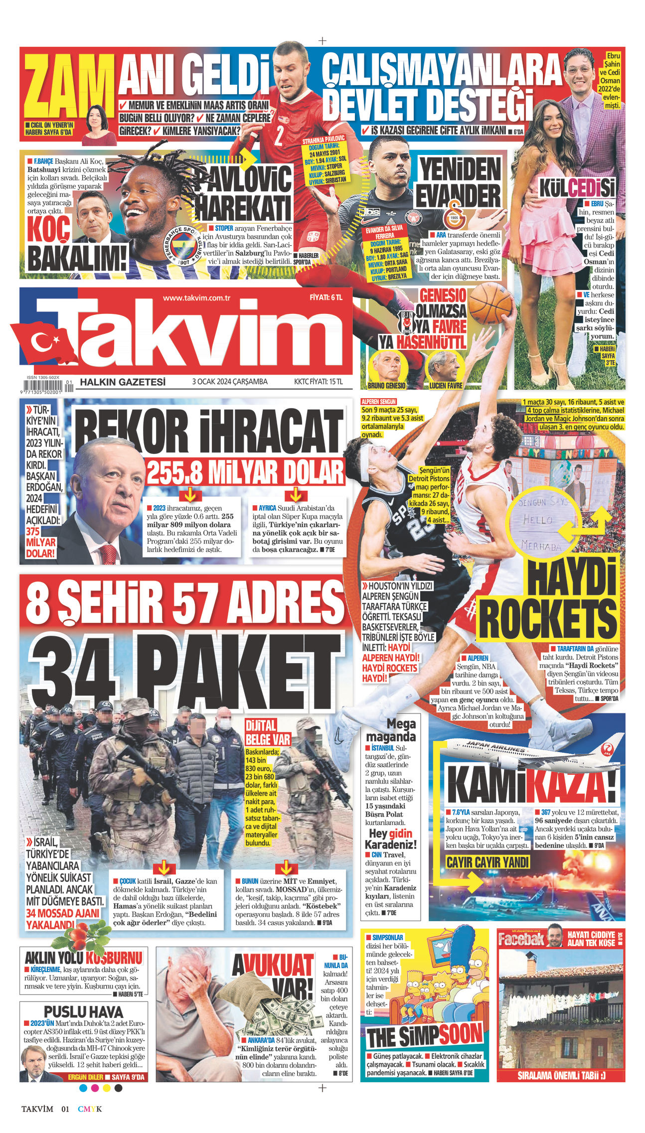 03 Ocak 2024 Takvim Gazete Manşeti