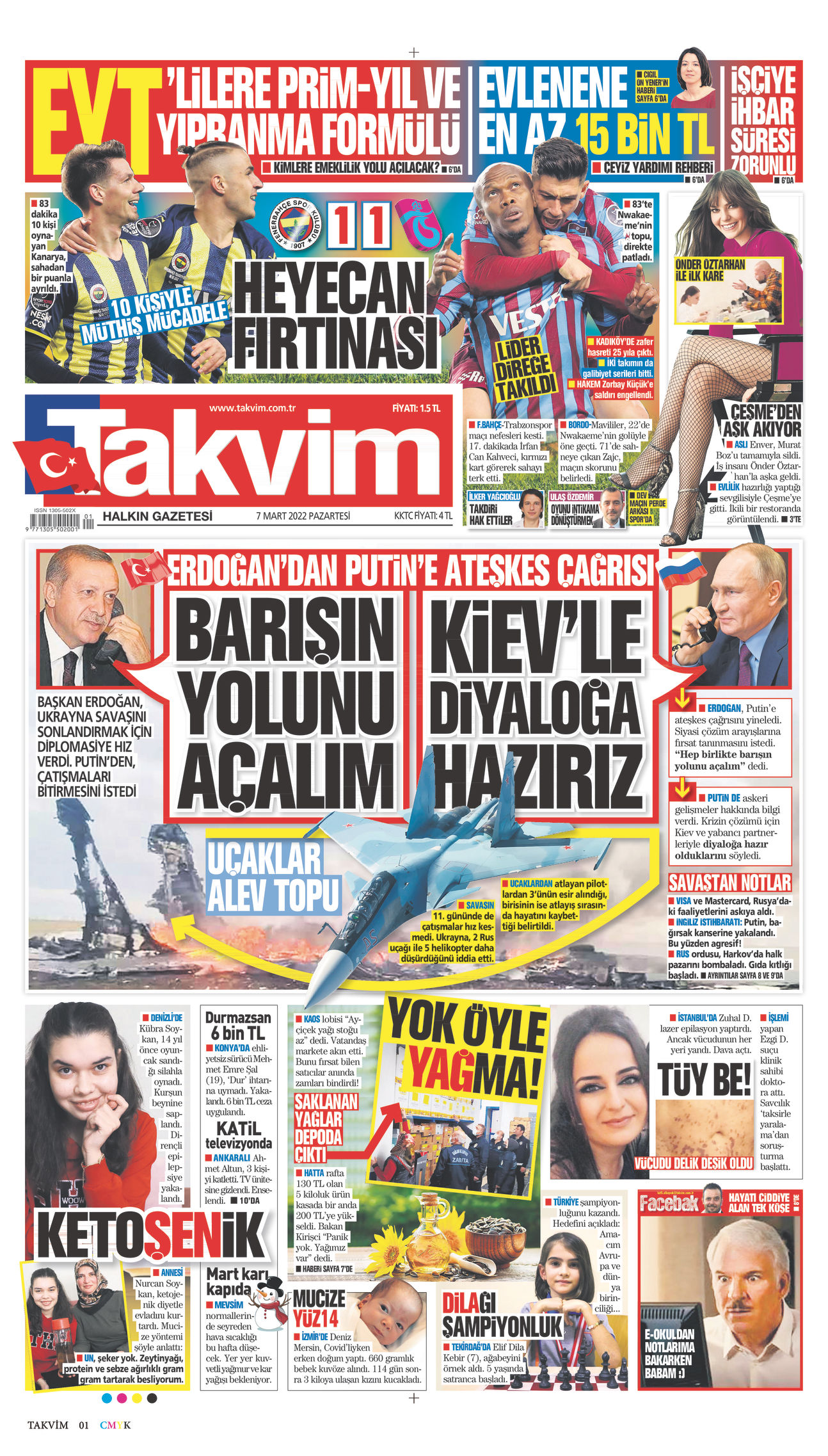 07 Mart 2022 Takvim Gazete Manşeti