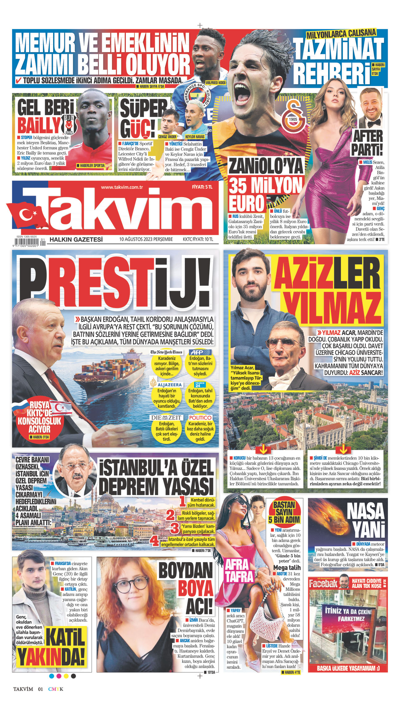 10 Ağustos 2023 Takvim Gazete Manşeti