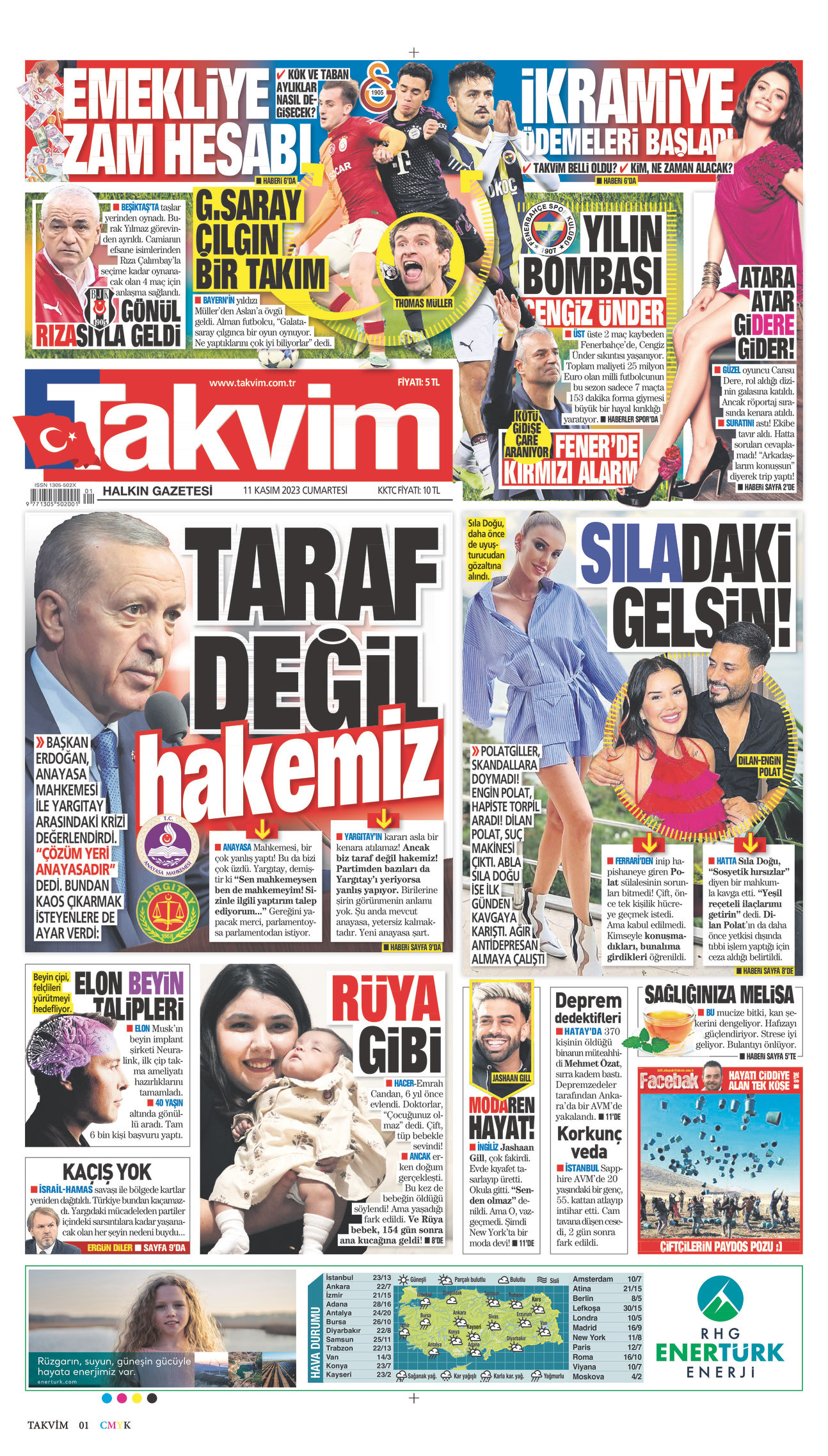 11 Kasım 2023 Takvim Gazete Manşeti