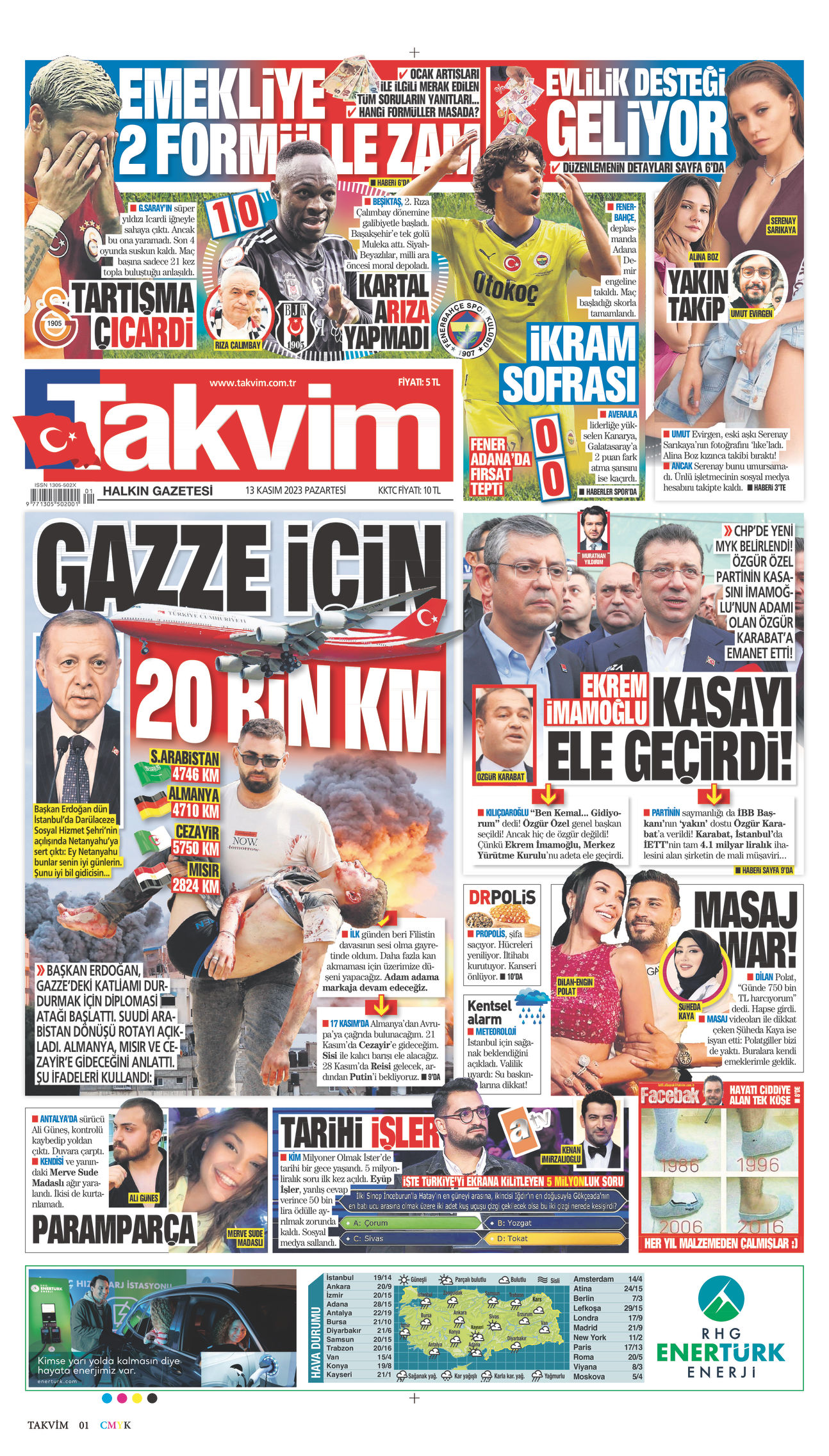 13 Kasım 2023 Takvim Gazete Manşeti