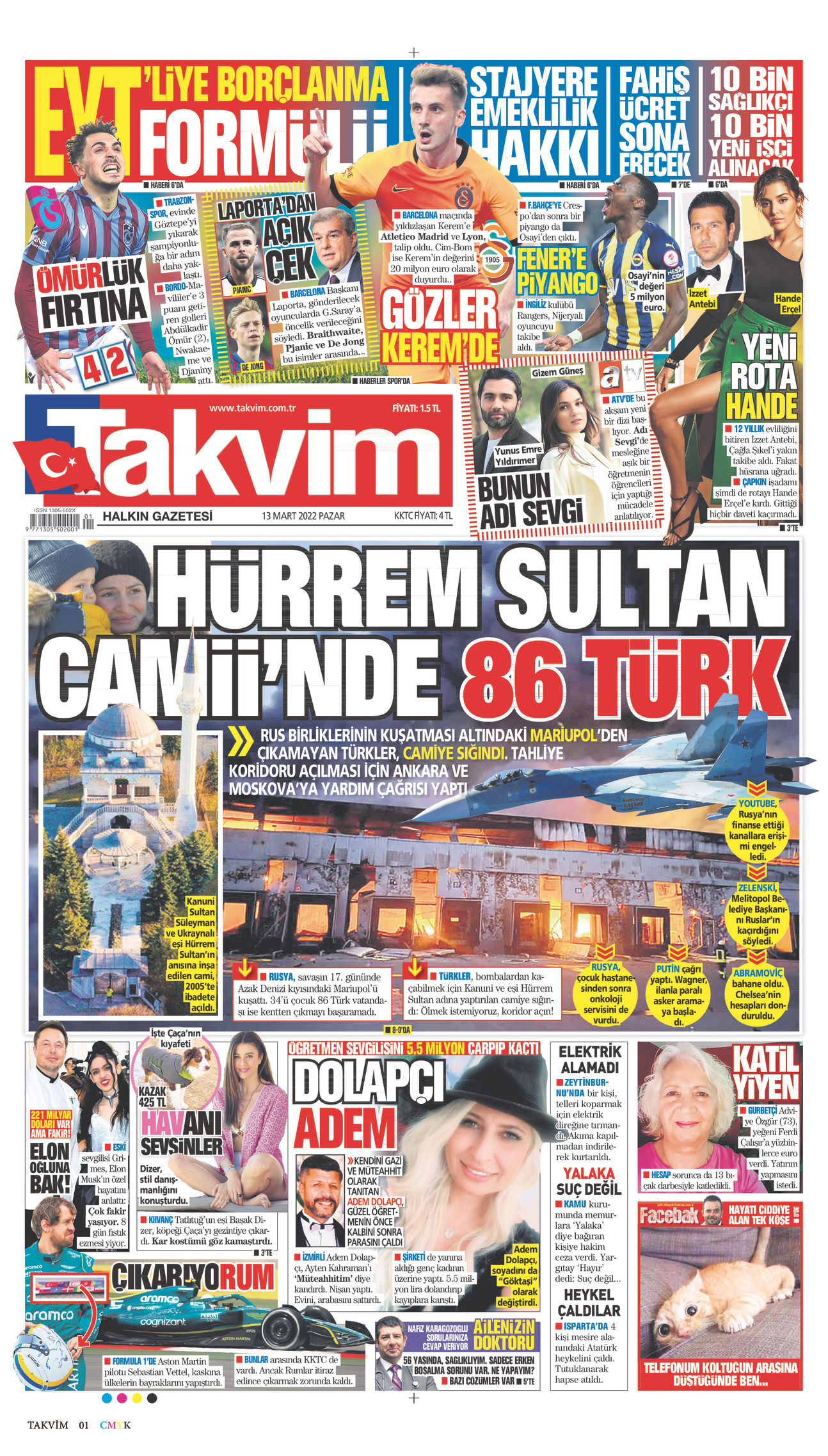 13 Mart 2022 Takvim Gazete Manşeti