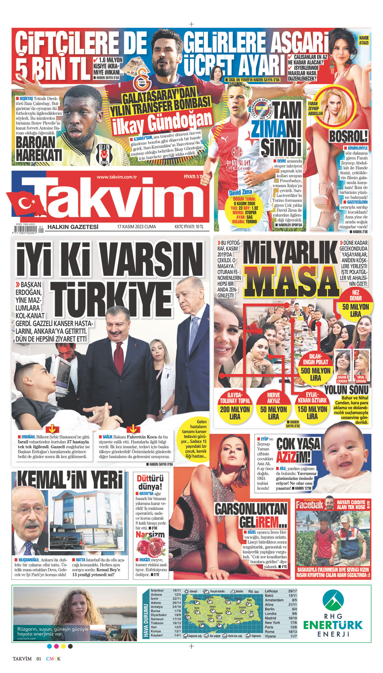 17 Kasım 2023 Takvim Gazete Manşeti