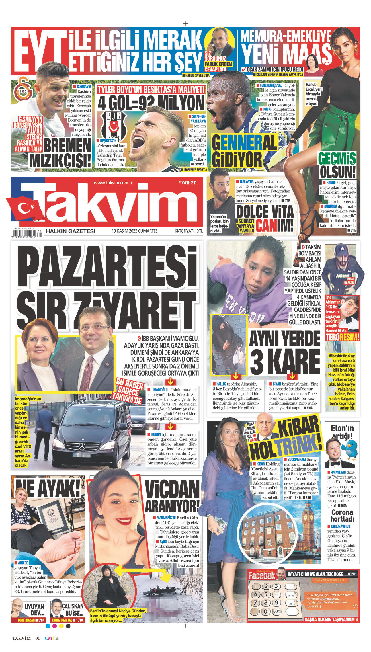 19 Kasım 2022 Takvim Gazete Manşeti