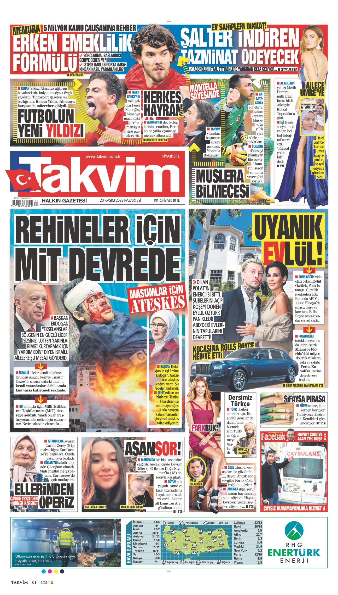 20 Kasım 2023 Takvim Gazete Manşeti