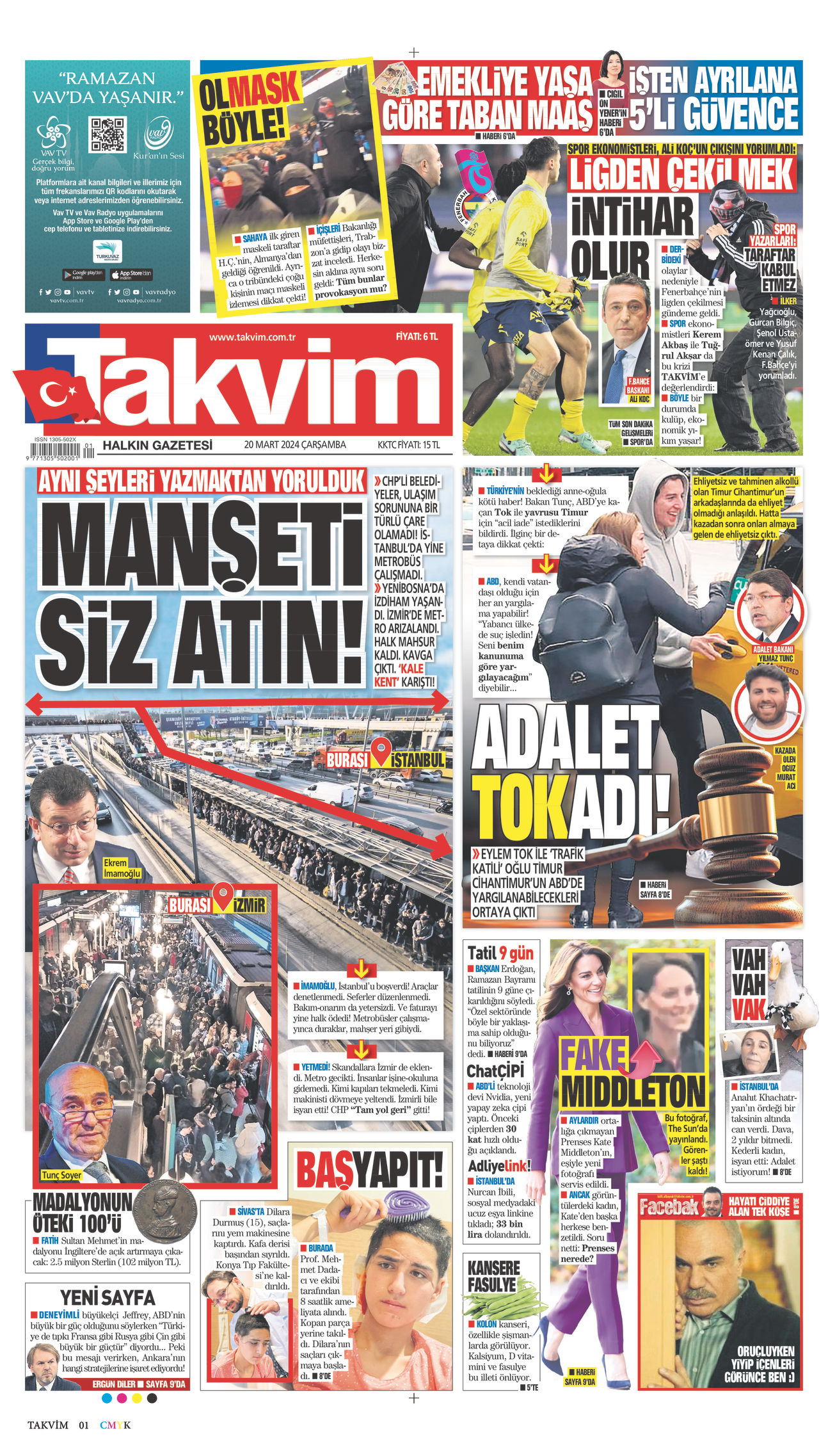 20 Mart 2024 Takvim Gazete Manşeti