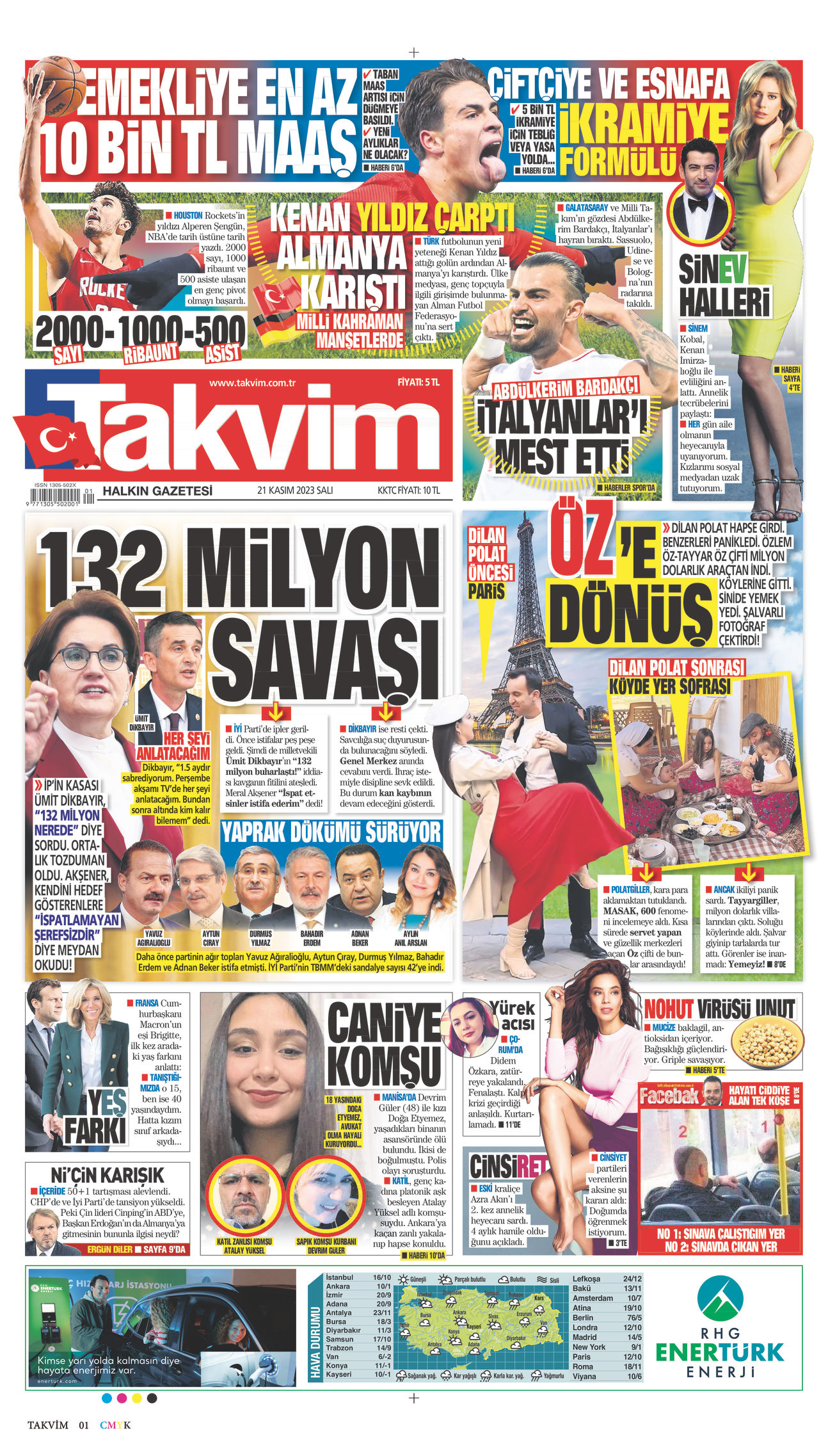 21 Kasım 2023 Takvim Gazete Manşeti