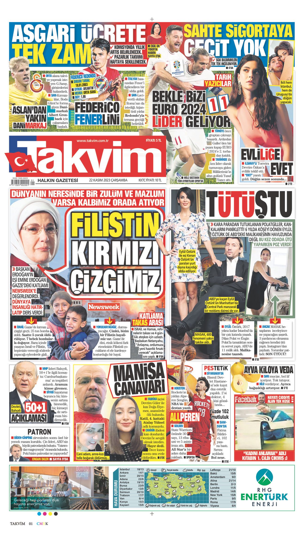 22 Kasım 2023 Takvim Gazete Manşeti