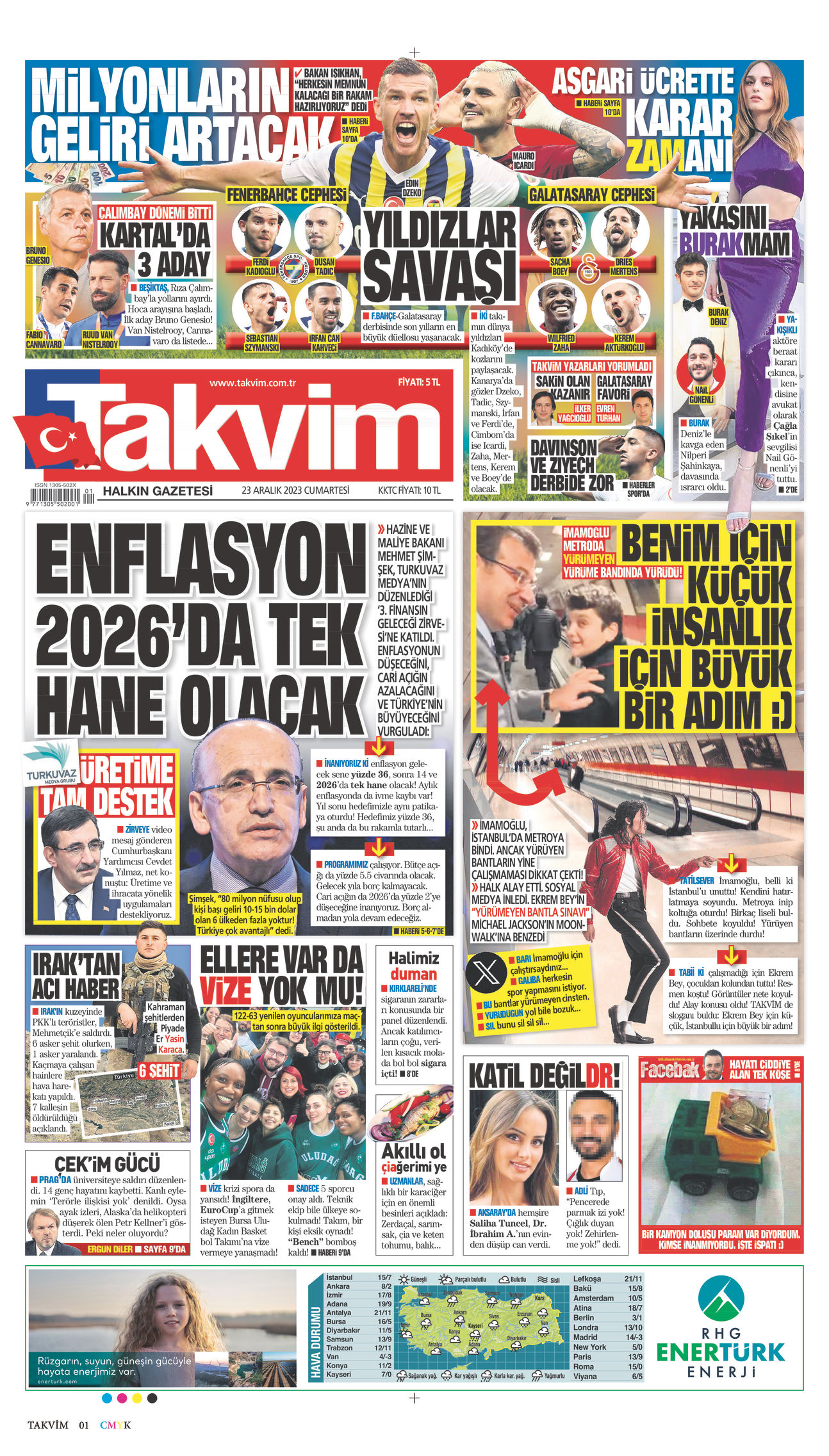 23 Aralık 2023 Takvim Gazete Manşeti