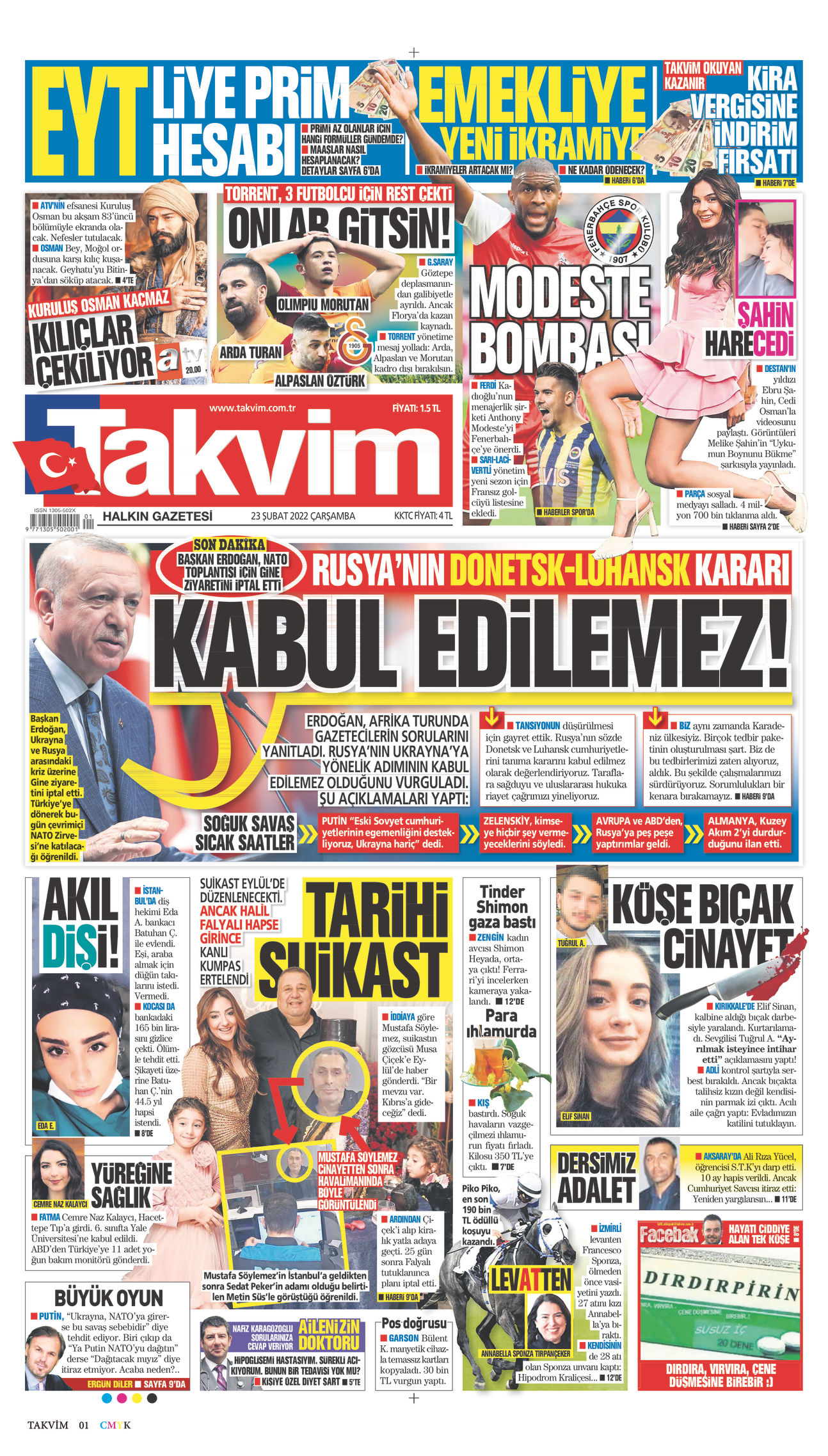 23 Şubat 2022 Takvim Gazete Manşeti