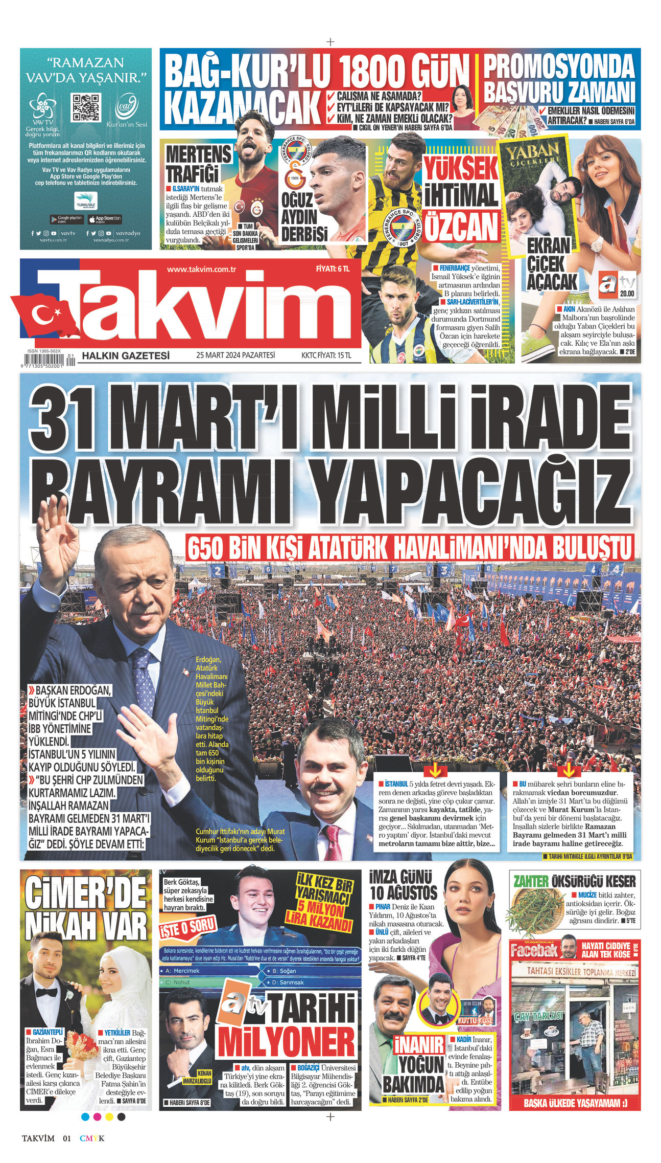 25 Mart 2024 Takvim Gazete Manşeti