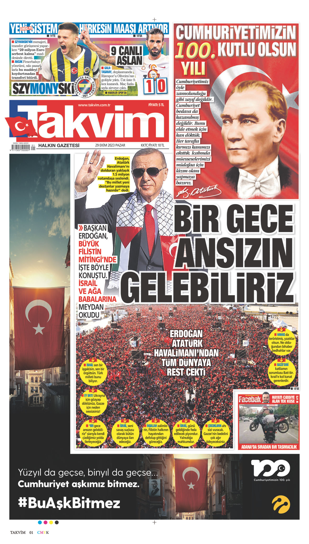 29 Ekim 2023 Takvim Gazete Manşeti