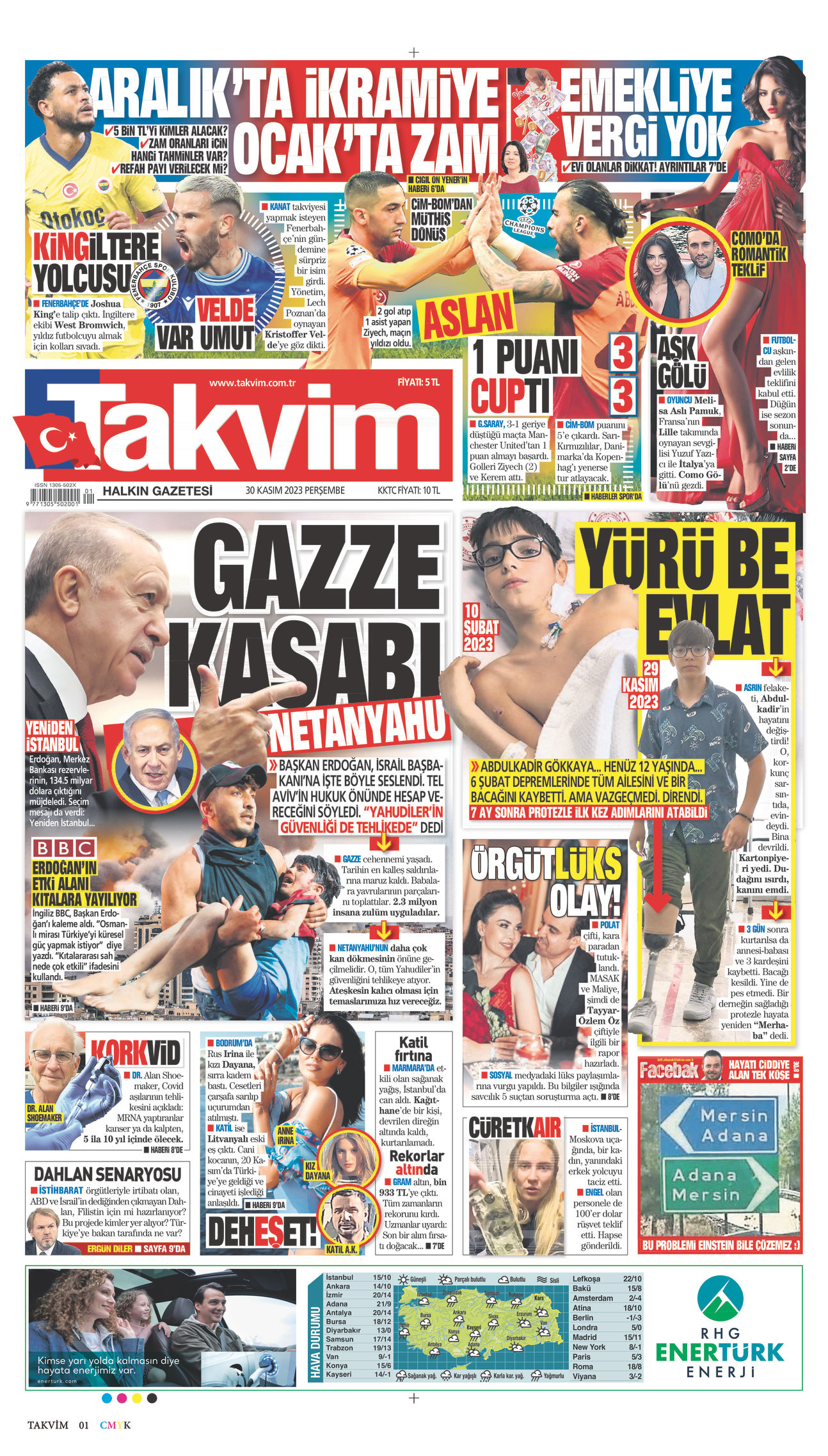 30 Kasım 2023 Takvim Gazete Manşeti