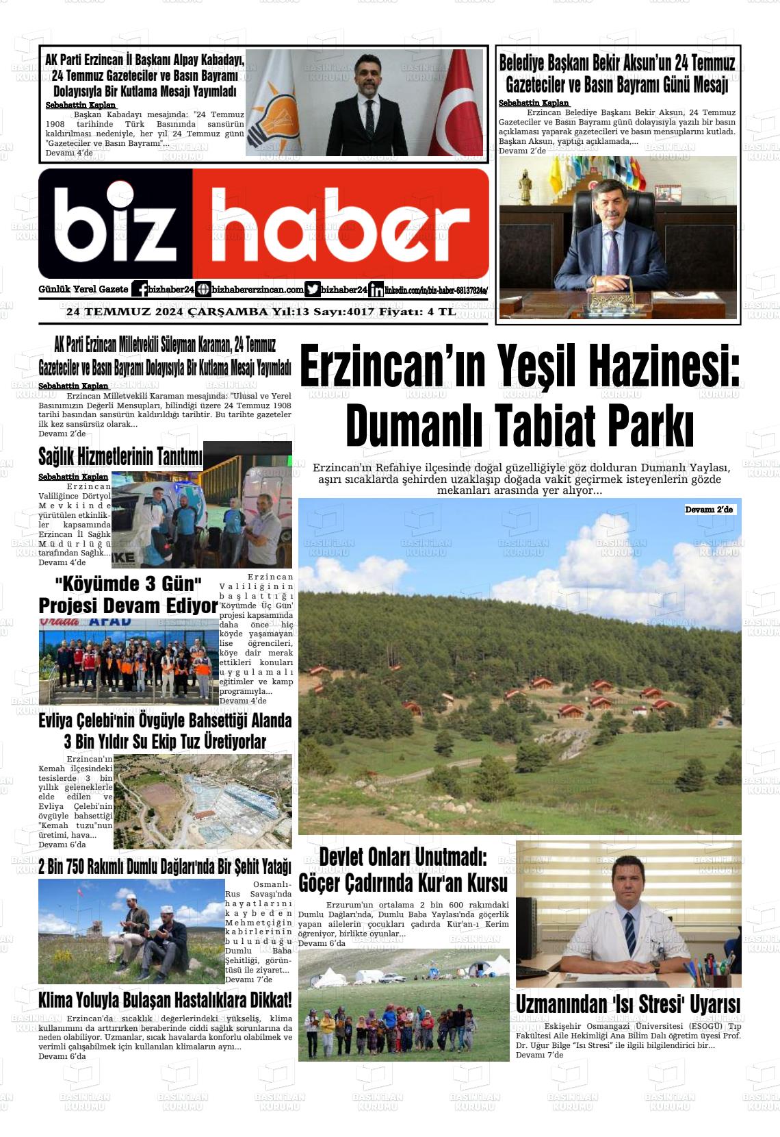 24 Temmuz 2024 Erzincan Taraf 24 Gazete Manşeti