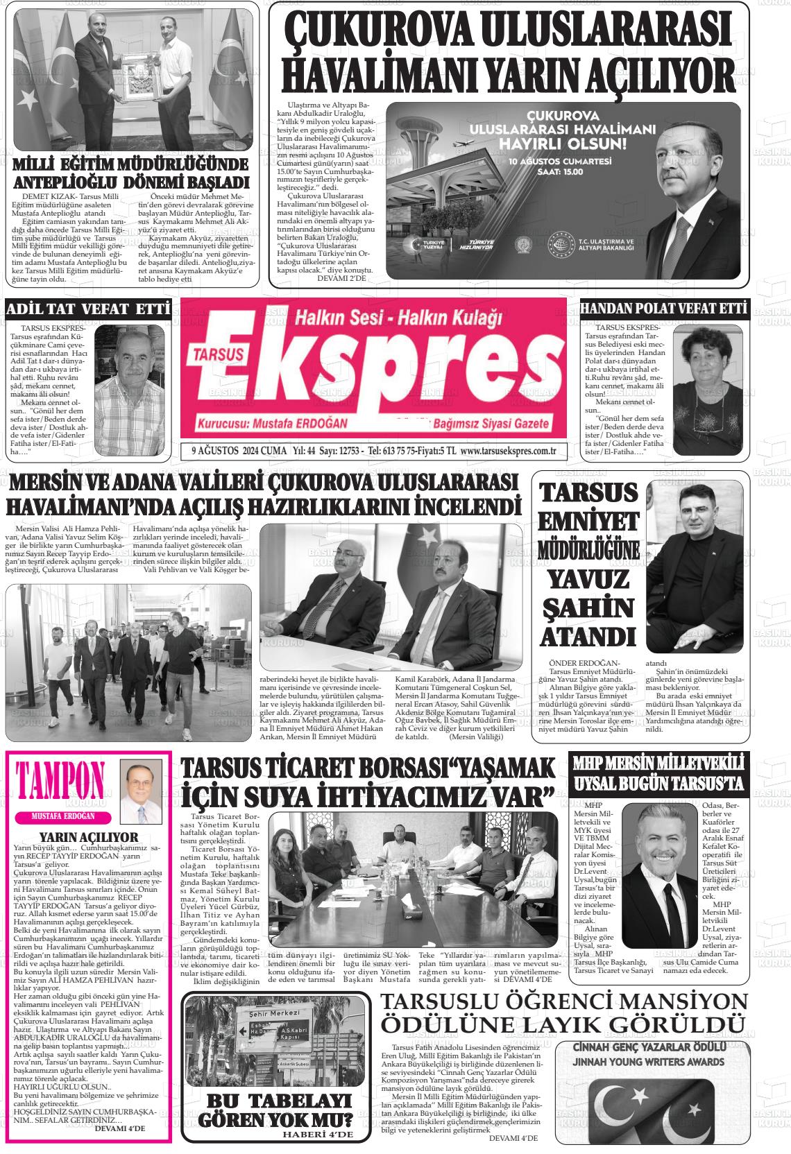 09 Ağustos 2024 Tarsus Ekspres Gazete Manşeti