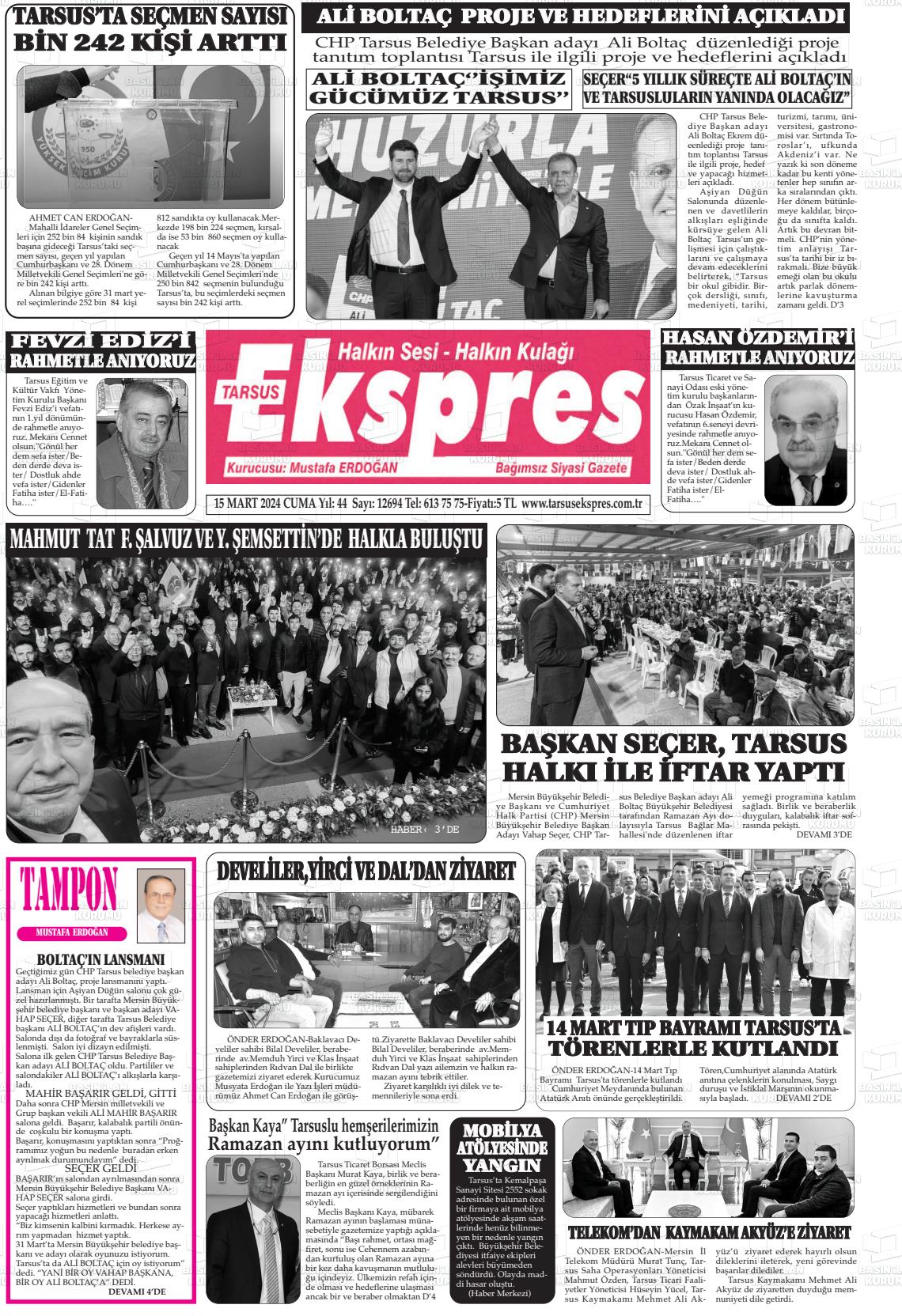 15 Mart 2024 Tarsus Ekspres Gazete Manşeti