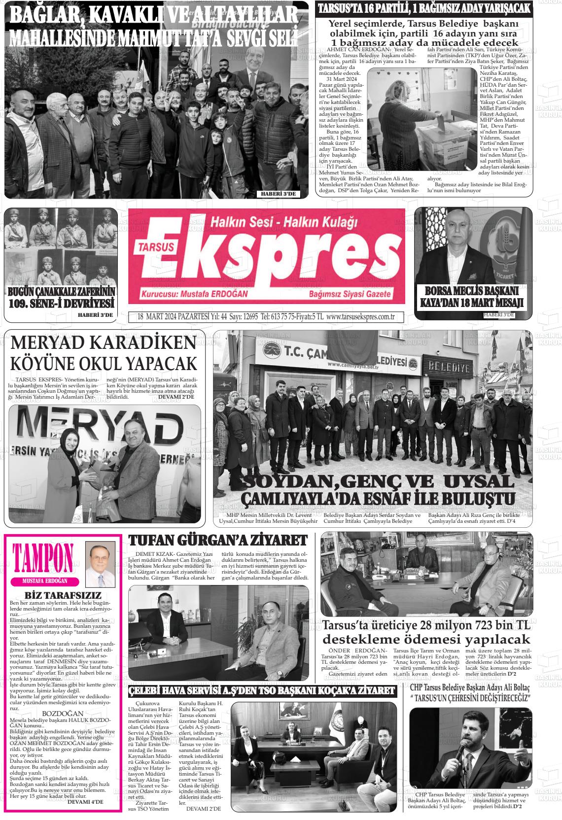 18 Mart 2024 Tarsus Ekspres Gazete Manşeti