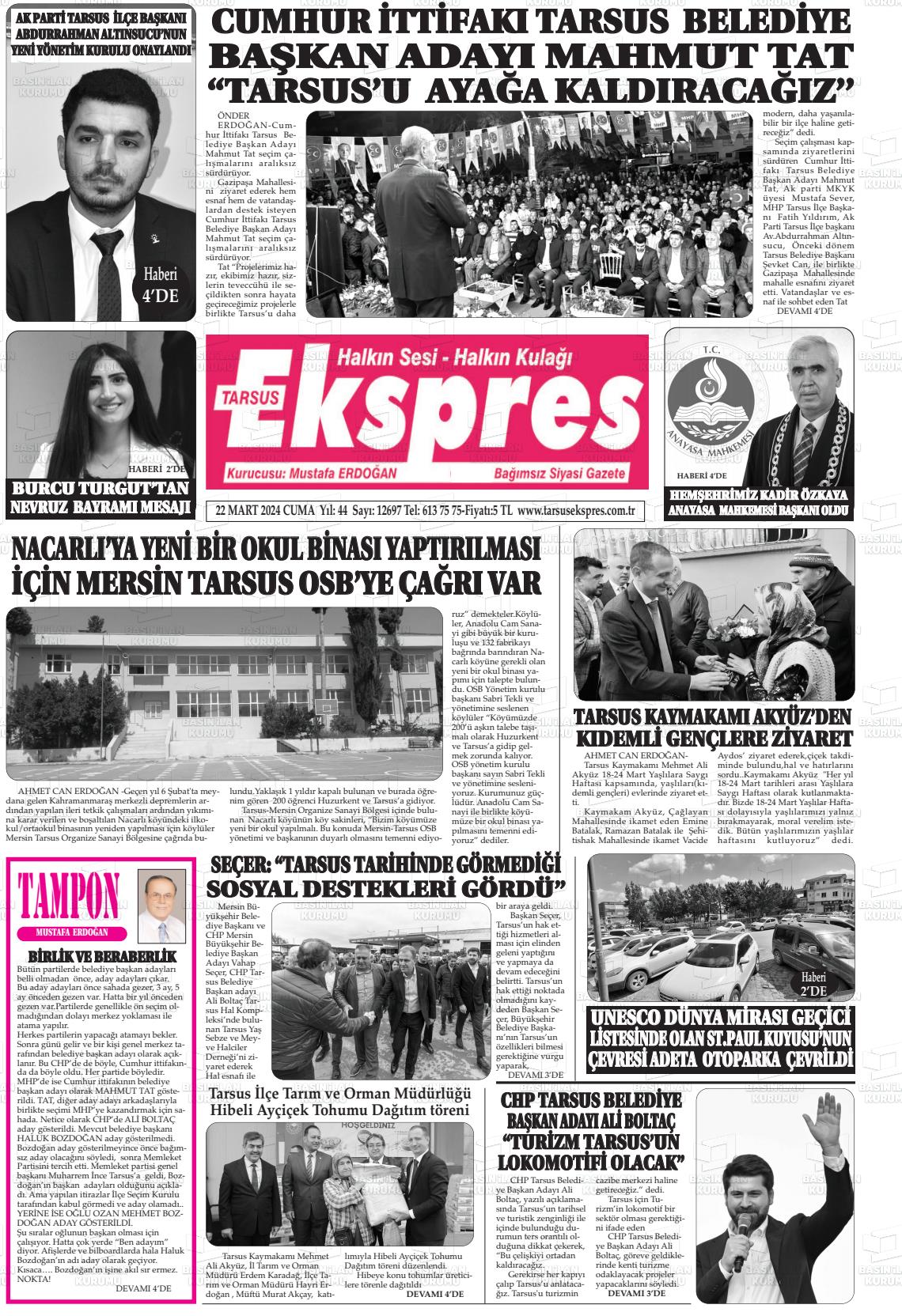 22 Mart 2024 Tarsus Ekspres Gazete Manşeti