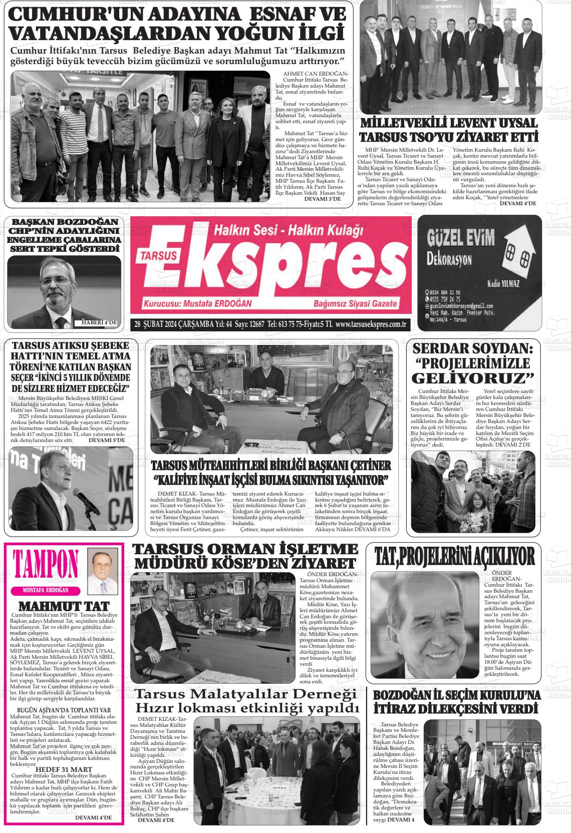 28 Şubat 2024 Tarsus Ekspres Gazete Manşeti