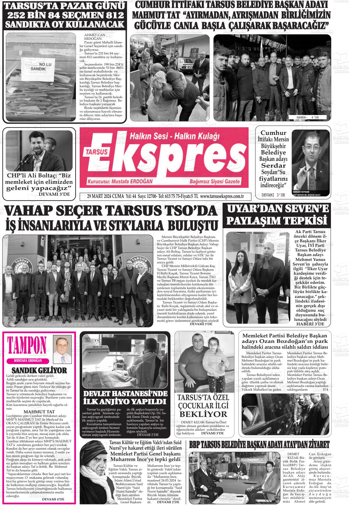 29 Mart 2024 Tarsus Ekspres Gazete Manşeti