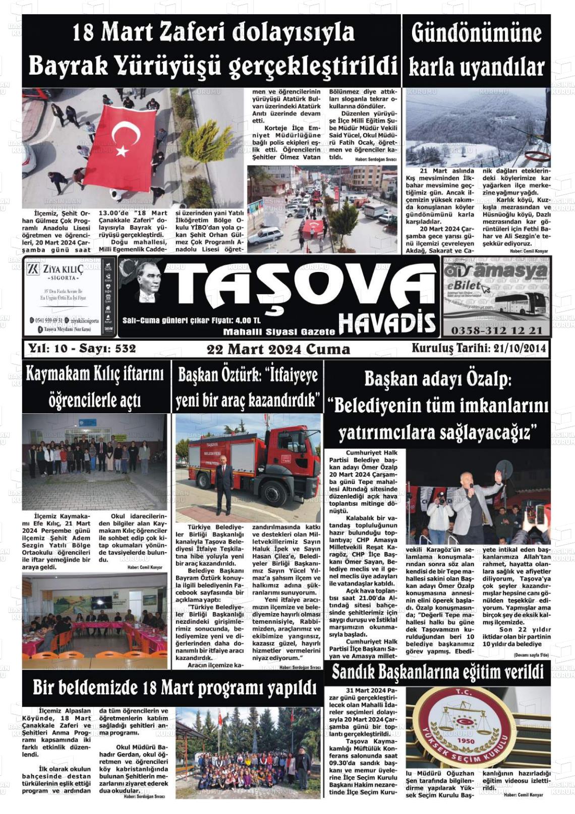 22 Mart 2024 Taşova Gazete Manşeti