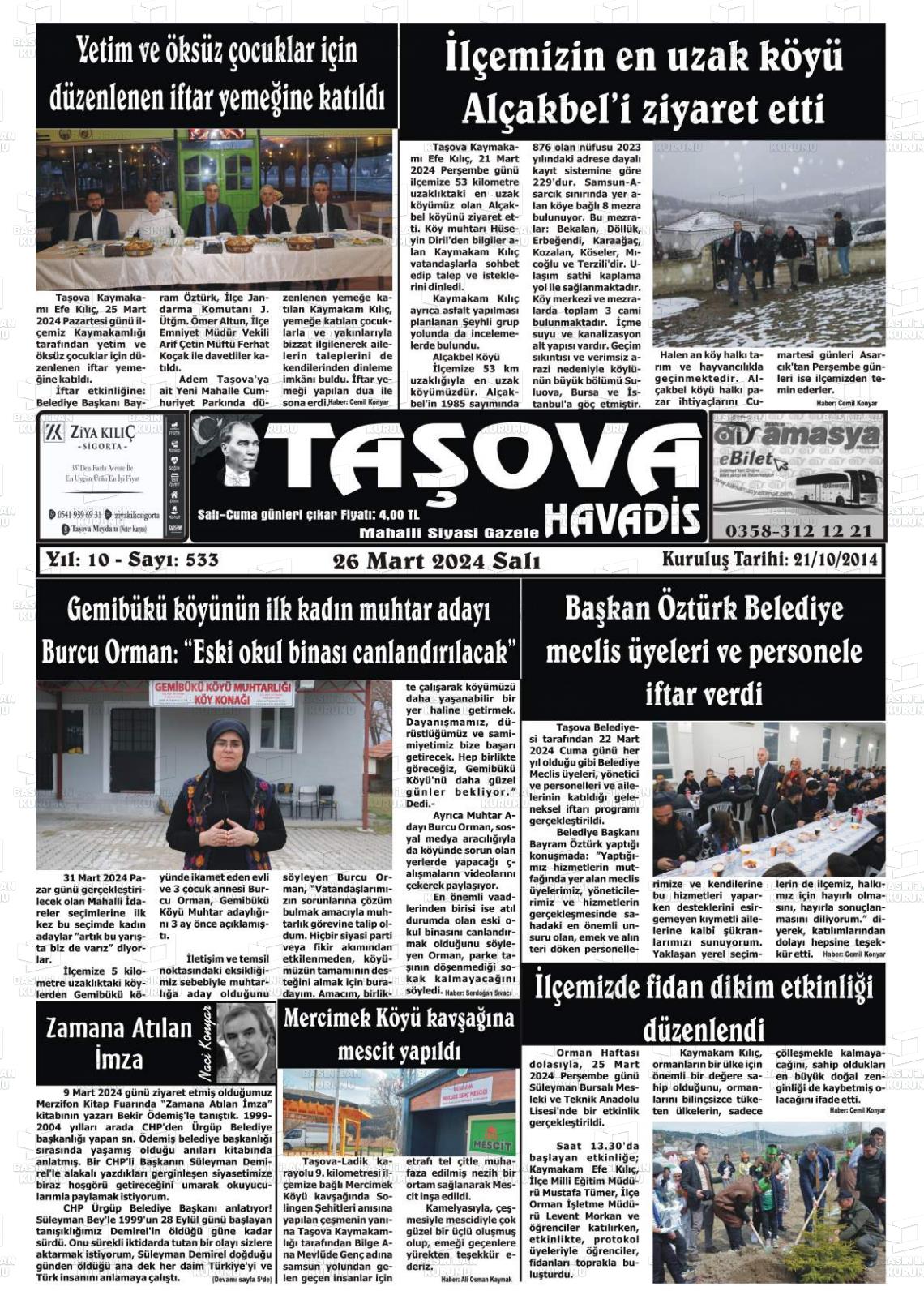 26 Mart 2024 Taşova Gazete Manşeti