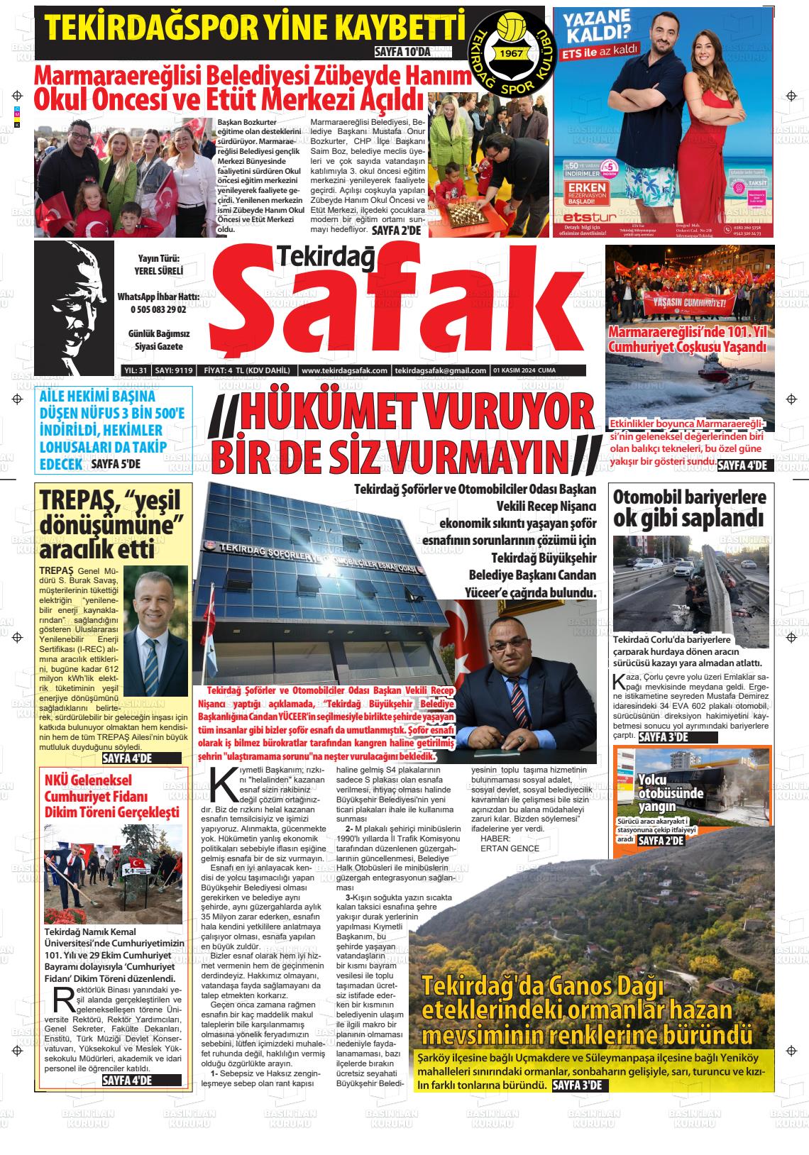 01 Kasım 2024 Tekirdağ Şafak Gazete Manşeti