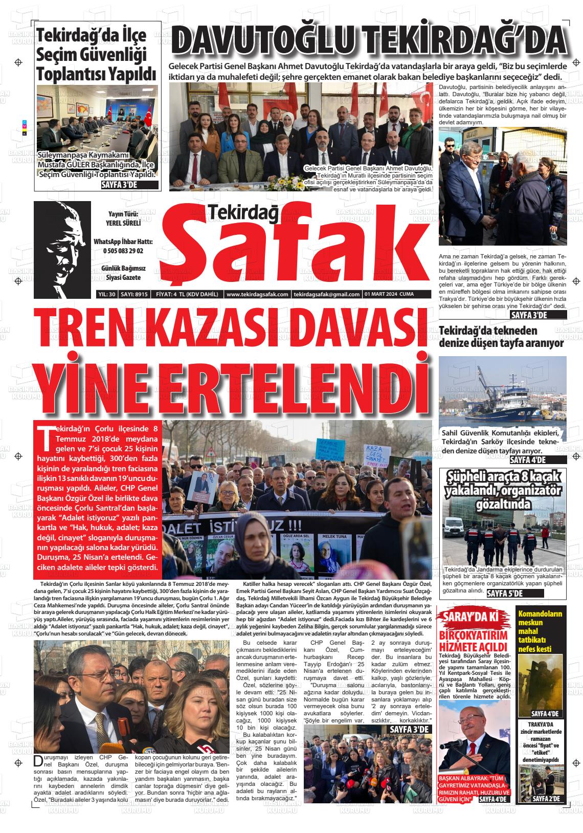 01 Mart 2024 Tekirdağ Şafak Gazete Manşeti