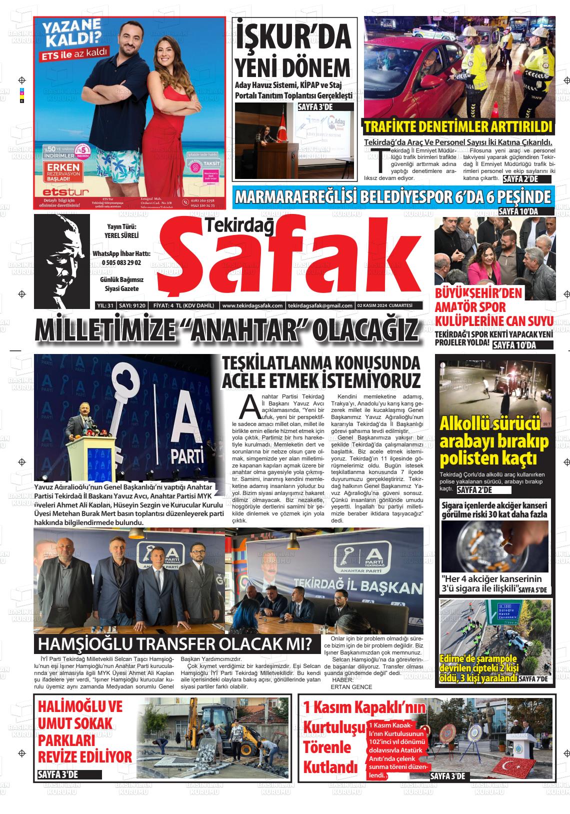 02 Kasım 2024 Tekirdağ Şafak Gazete Manşeti