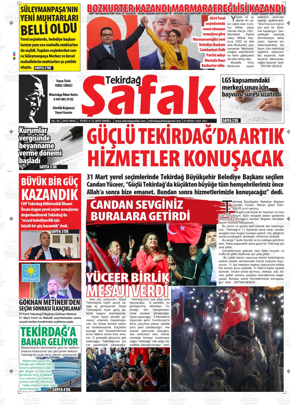 02 Nisan 2024 Tekirdağ Şafak Gazete Manşeti