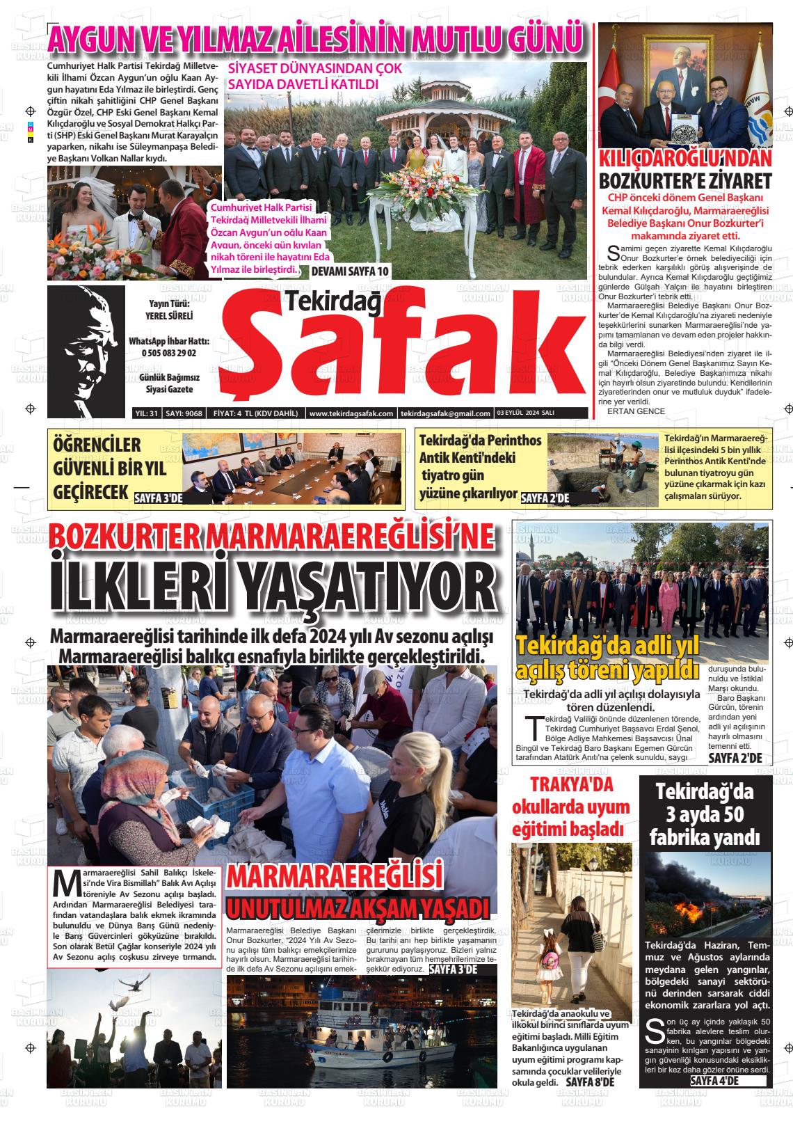 03 Eylül 2024 Tekirdağ Şafak Gazete Manşeti