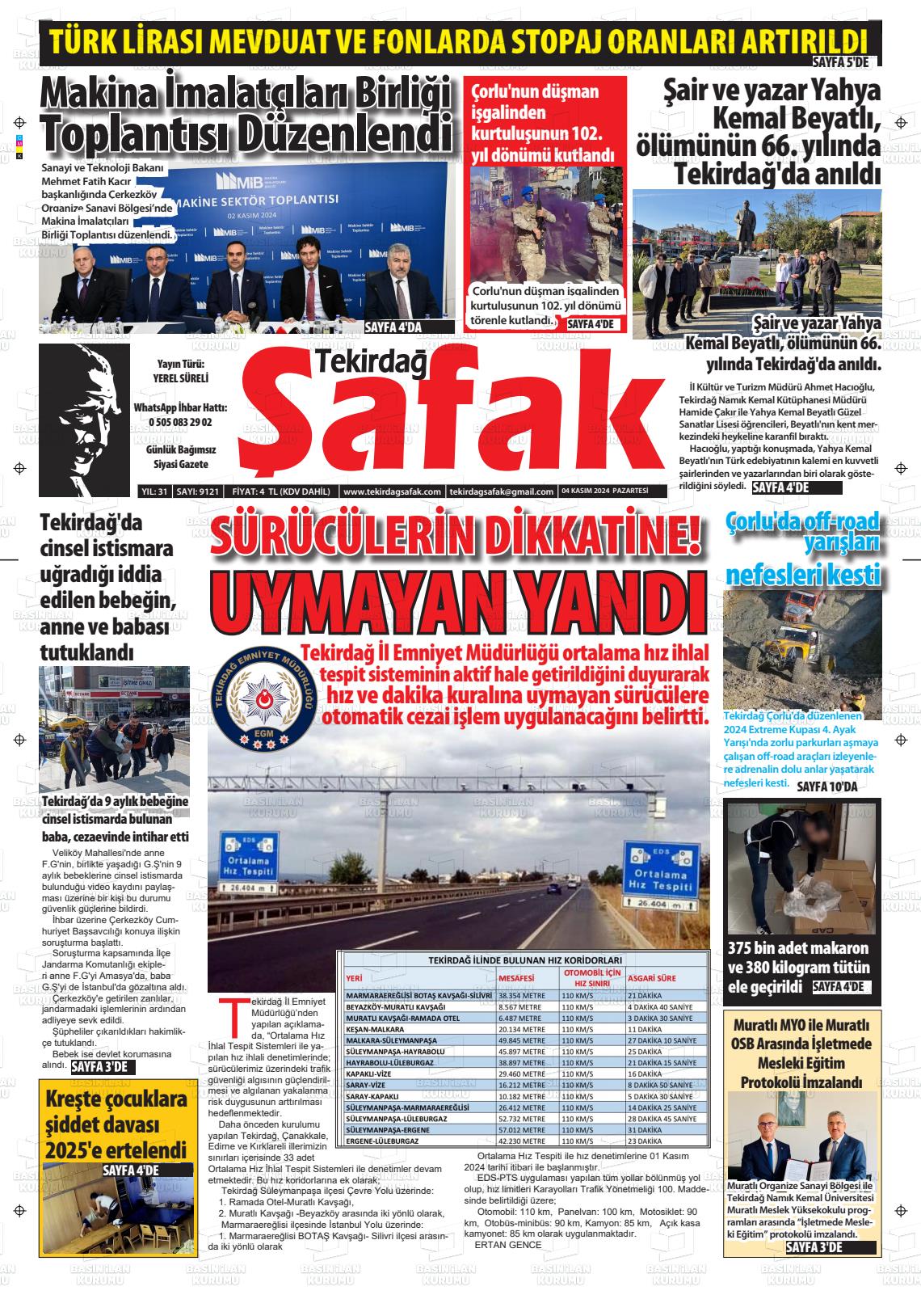 04 Kasım 2024 Tekirdağ Şafak Gazete Manşeti