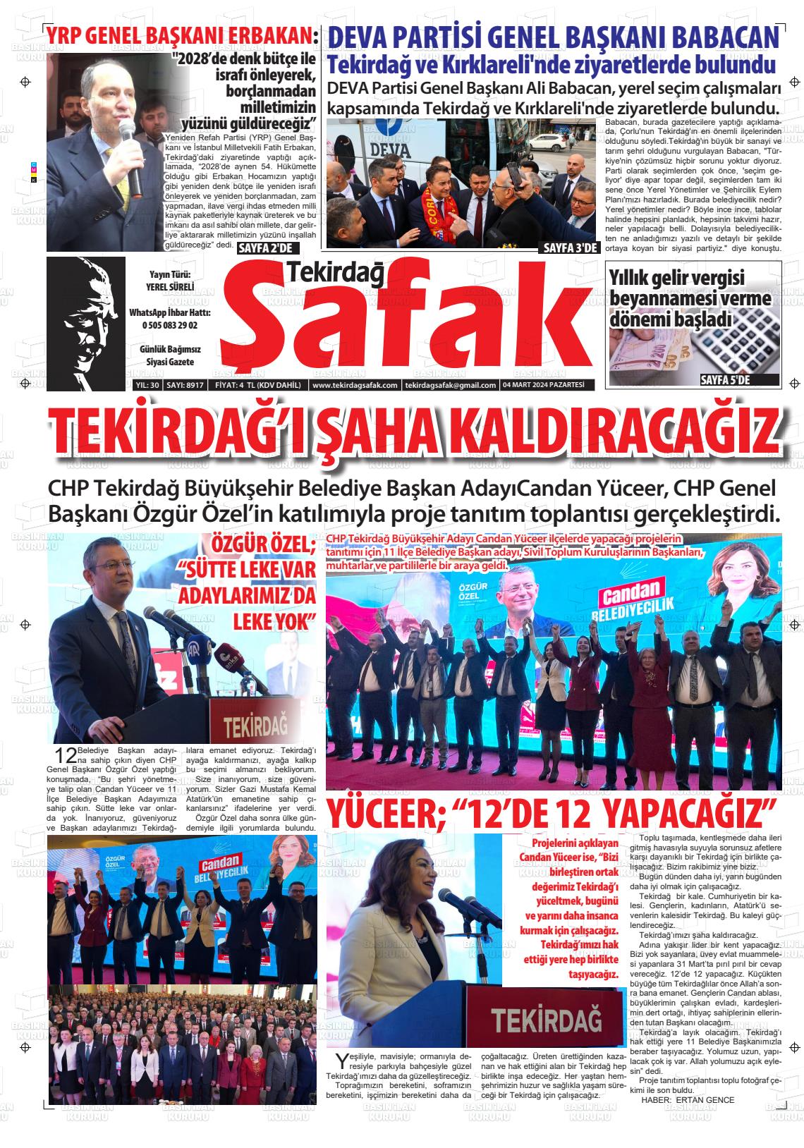 04 Mart 2024 Tekirdağ Şafak Gazete Manşeti