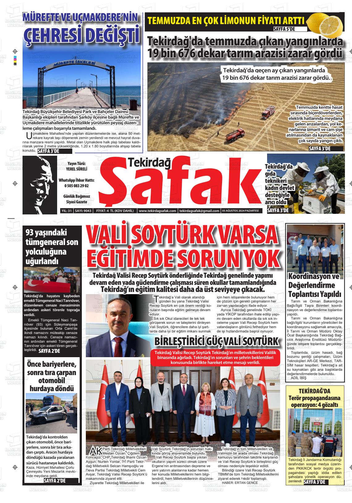 05 Ağustos 2024 Tekirdağ Şafak Gazete Manşeti