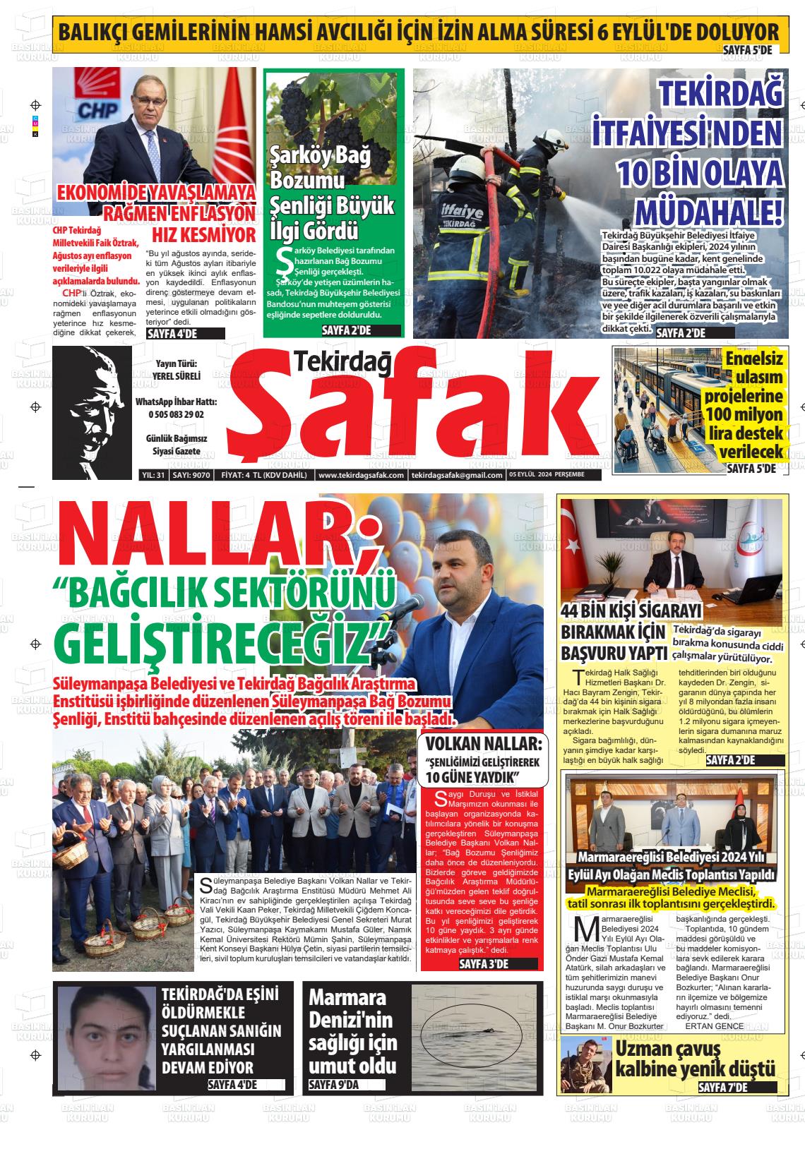 05 Eylül 2024 Tekirdağ Şafak Gazete Manşeti