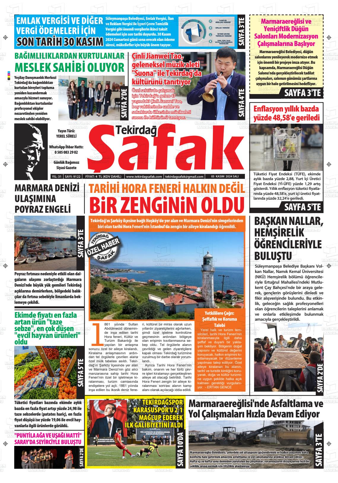 05 Kasım 2024 Tekirdağ Şafak Gazete Manşeti