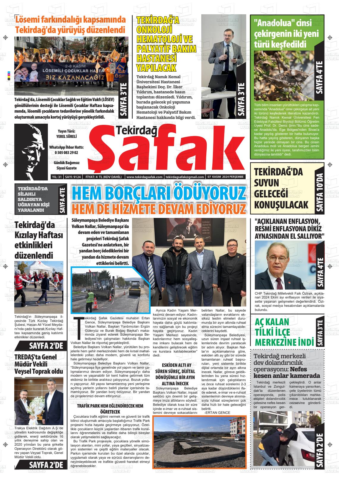 07 Kasım 2024 Tekirdağ Şafak Gazete Manşeti