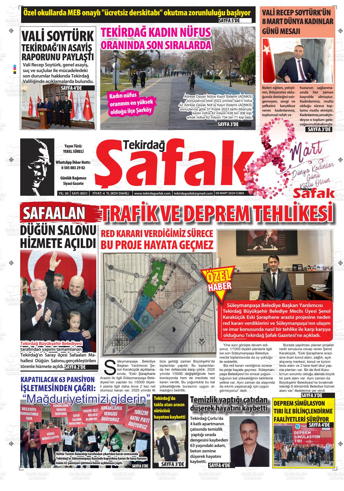 08 Mart 2024 Tekirdağ Şafak Gazete Manşeti