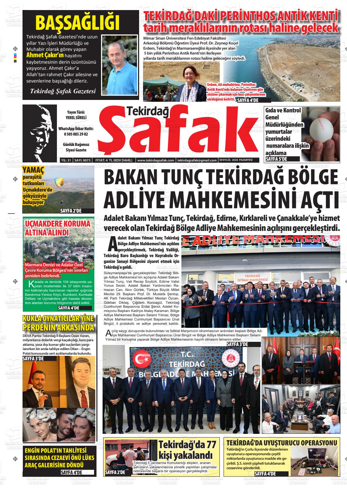 09 Eylül 2024 Tekirdağ Şafak Gazete Manşeti